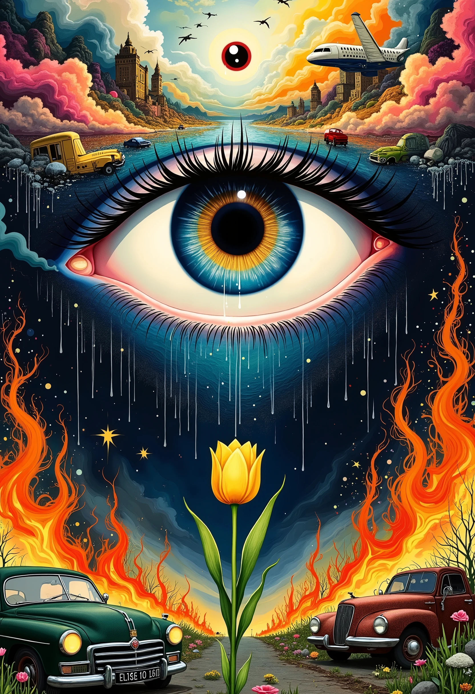  painting an eye ， with the inside reflecting the Kahlo wine ,  dark.  The background has fire and a falling plane , And a rusty 、 of an unusable car ， There is a tulip in the middle  . The eyes are crying，