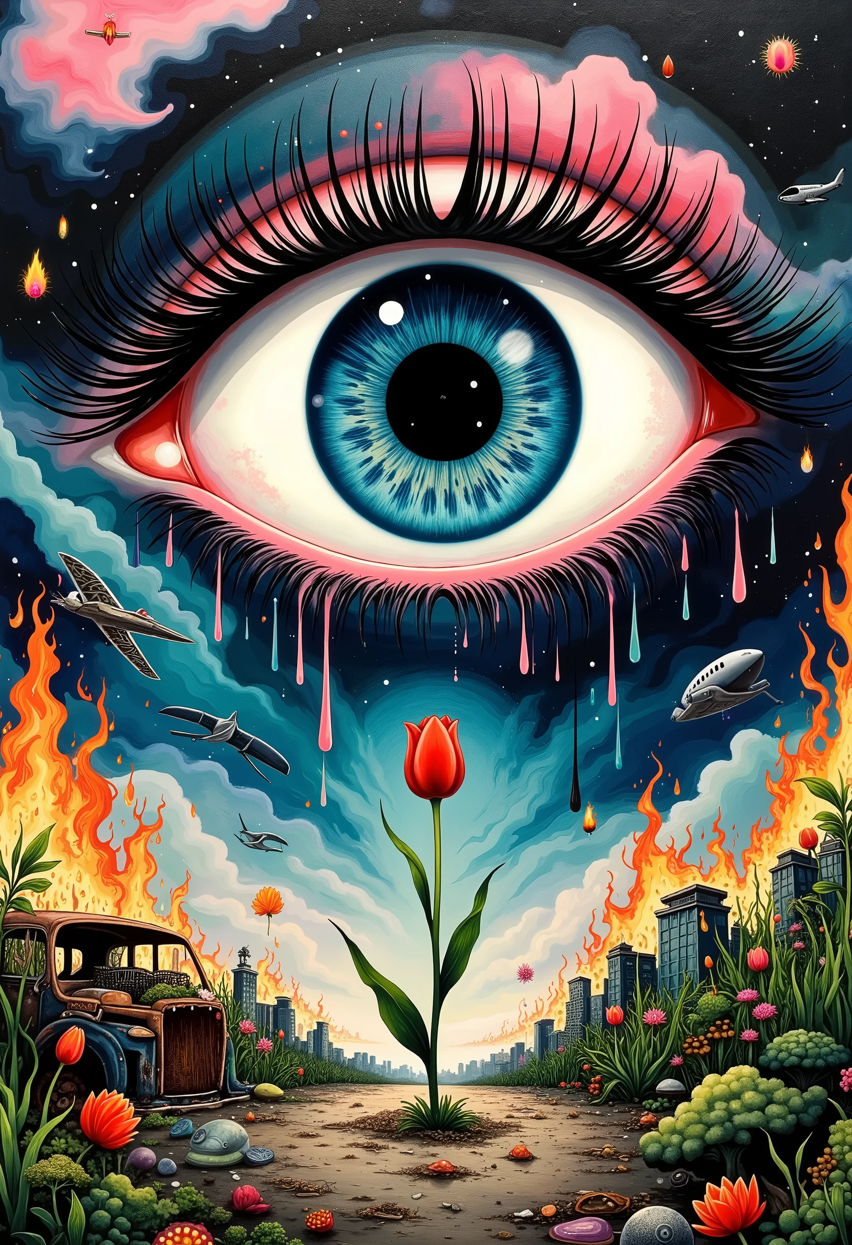 painting an eye , with the inside reflecting the Kahlo wine , dark. The background has fire and a falling plane , And a rusty 、 of an unusable car , There is a tulip in the middle . The eyes are crying,