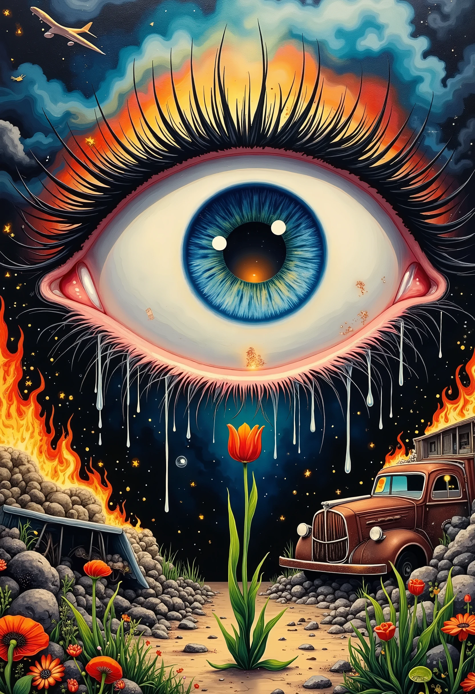  painting an eye ， with the inside reflecting the Kahlo wine ,  dark.  The background has fire and a falling plane , And a rusty 、 of an unusable car ， There is a tulip in the middle  . The eyes are crying，