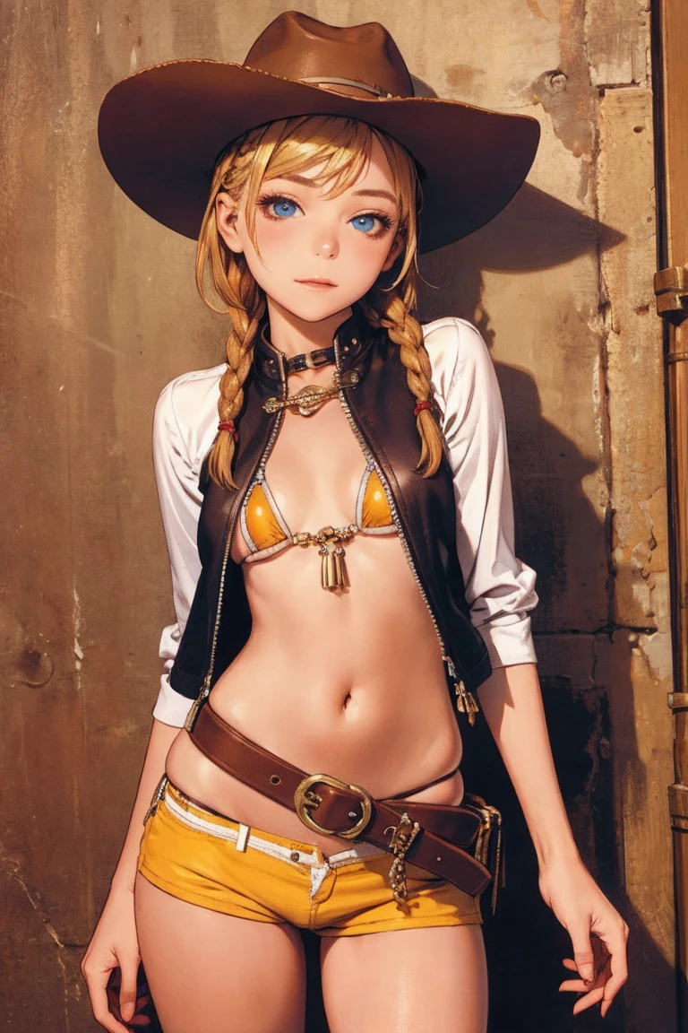 Beautiful young girl, 3d, breasts, covering, covering breasts, cowboy shot, lips, long hair, looking at viewer, navel, realistic, solo, standing ((ultra realistic details)), 8k, ultra sharp,