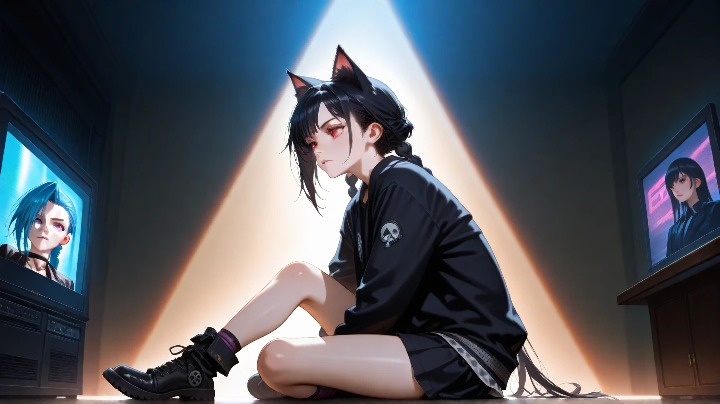 boy, toned, sharp big cat ears, cat tail, big black messy hair, extremely vibrant red eyes, HD, masterpiece, vibrant, slim dark black hoodie, full body view, neutral face, black thigh socks, combat boots.