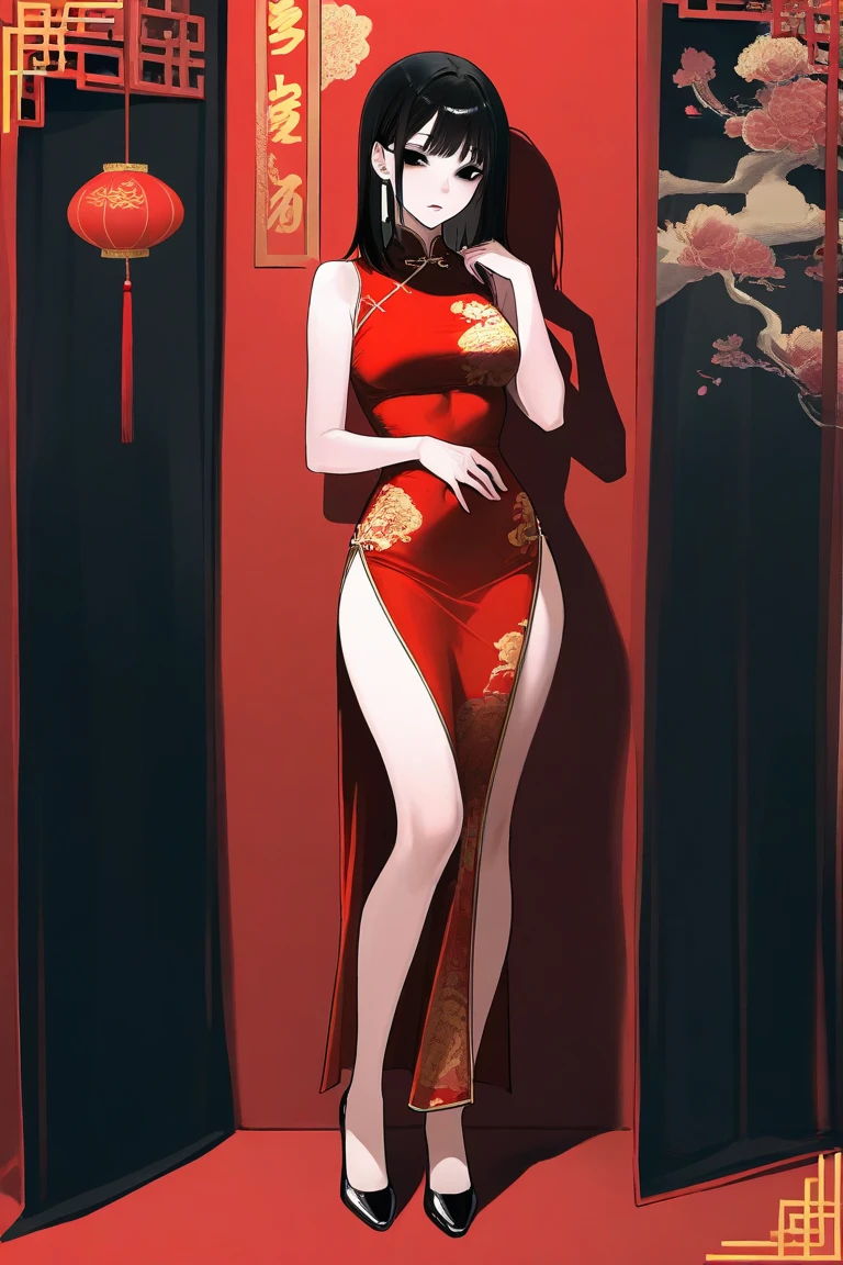 girl,whole body,(Delicate face:1.2), masterpiece, Fashion,cheongsam,, Medium Length Hair, Black Hair, Double tail, Bangs, Brown eyes,