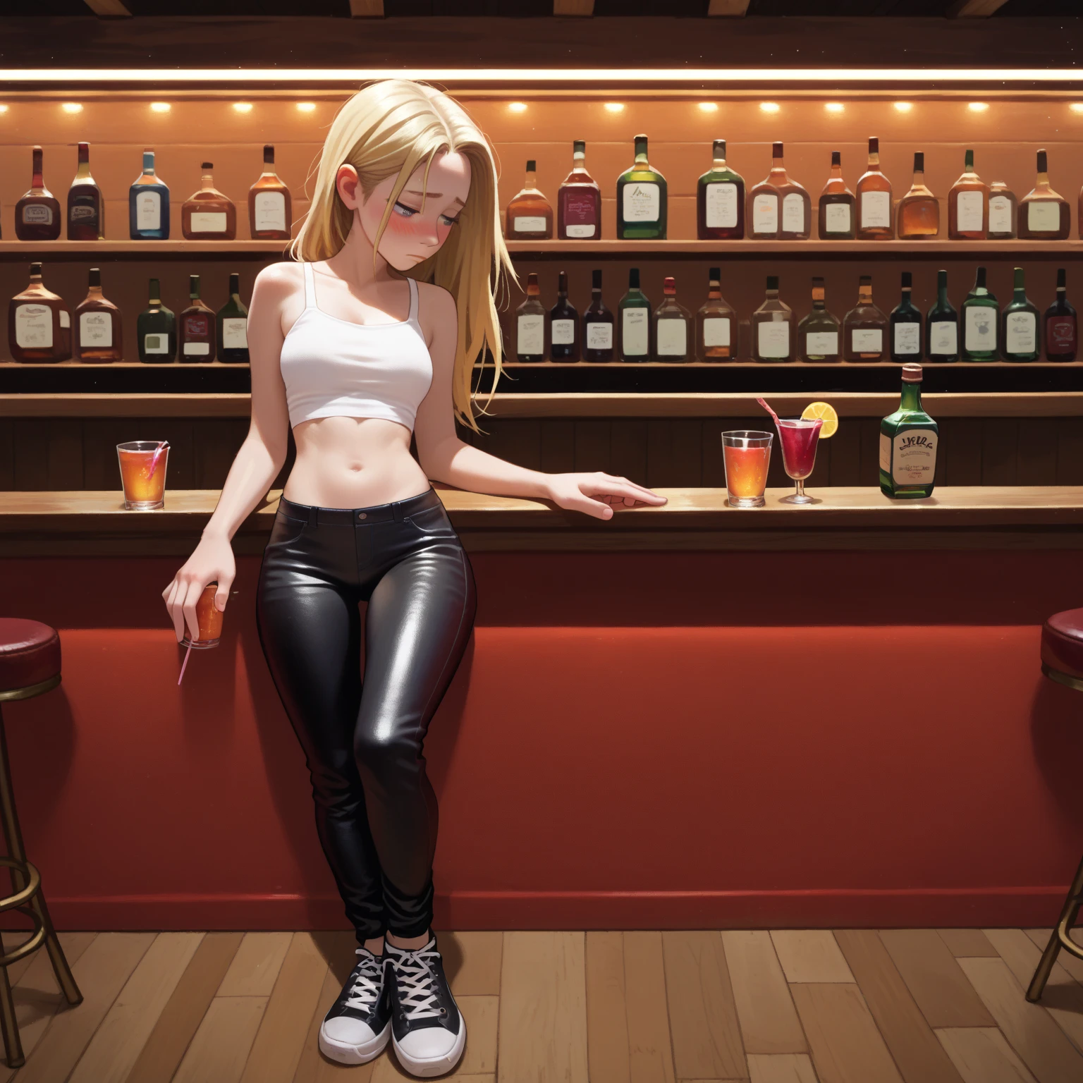 8k, best quality, realistic photos, realistic details, clear face, delicate facial features, real skin shine, a cute girl, shy, facing the camera, girl sitting in a bar in a gray fishnet sweater and tight panties, clear bar background, sea view, arms on bar counter, hips, slim body, big breasts, 24 years old, charming, seductive eyes