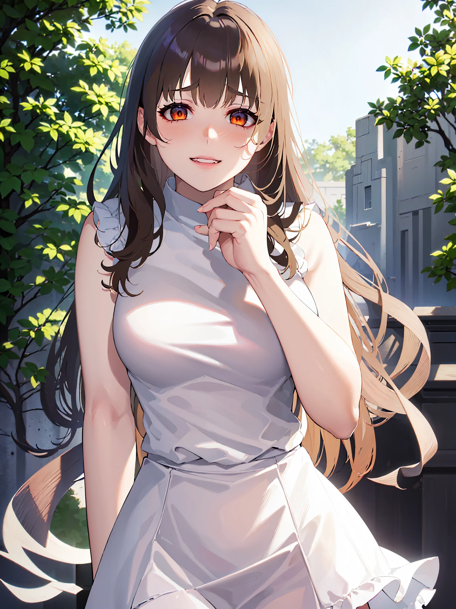 yandere,shaded face,masterpiece, best quality, detailed, Masterpiece, Great detailed pictures, RAW photo, photorealistic, Realistic, real person,(pale skin: 1.2), shiny skin, shiny hair, (25-year-old woman with medium hair with bangs) and (wavy hair) and (brown hair) and (orange eyes) ,(white) and (Sleeveless ruffled collared dress),smile, (embarrassed:1.4),The background is a park,shushing