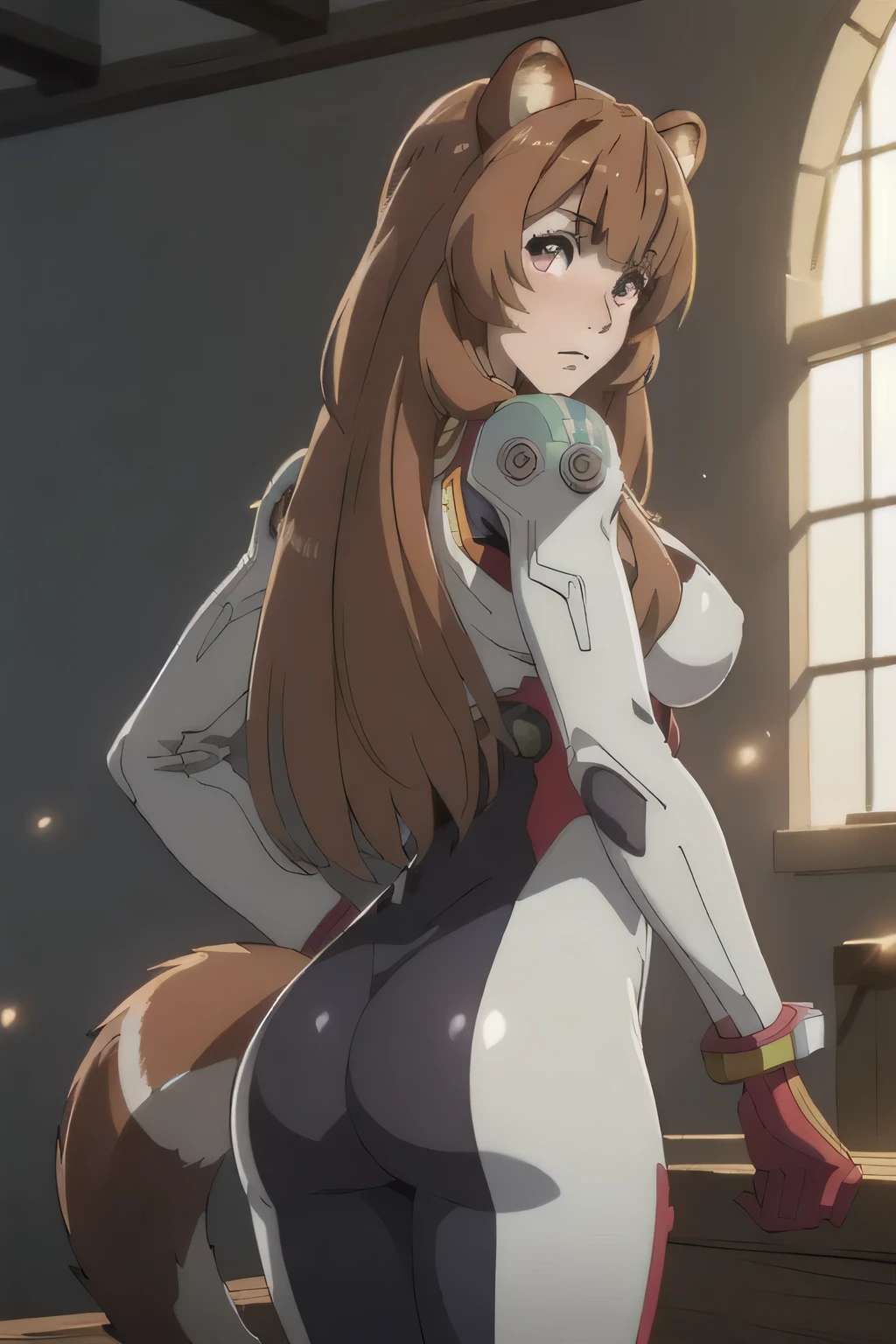 1 girl in, age18, photo of Raphtalia, Shield Hero Waifu, photo of perfect woman, Solo, Aesthetic artwork, (long hair, straight brown hair, long hair, brown hair, bangs: 1.25), (girl, raccoon girl, raccoon ears, animal ears, racoon tail, red eyes: 1.2), (clear skin, fare skin, , B-cup, runners body, very thin waist, skinny, petite, detailed skin texture, (Masterpiece), (shot , arched back), ((she is wearing a tight jumpsuit, Neon Genesis Evangelion plug suit, Rei Ayanami cosplay, white with Blue accents,  suit, ), mecha background, huge metropolis, (extremely detailed 8k wallpaper), soft lighting, high quality, film grain, 50mm, High Detail, Sharp focus, (natural light), (cowboy photo:1.2), light particles