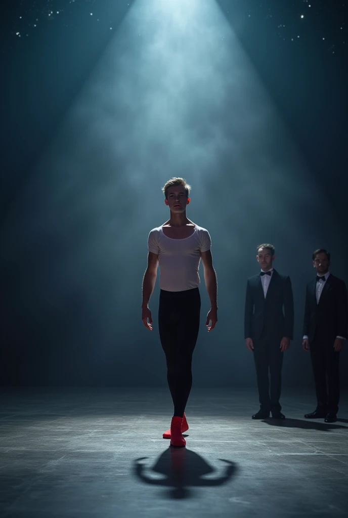Imagine a grand, empty stage illuminated by a single spotlight that bathes everything in a soft, ethereal glow. The background is a blend of deep indigos and purples, suggesting a twilight sky, swirling with hints of shimmering stars and silhouettes of distant clouds.
At the center of the stage, Toby, a Czech, light brown spiky haired ballet dancer is dressed in a classic ballet outfit—his black tights and fitted white t-shirt accentuating his lean physique. His expression is a mixture of determination and trepidation as he stands poised, ready to dance. On his feet are the red ballet ankle boots. Their vivid color contrasts sharply with the muted tones of the stage, making them the focal point.
Toby is performing a ballet jump
In the background two enigmatic men dressed in black tuxedos, their faces obscured. They watch Toby dance.