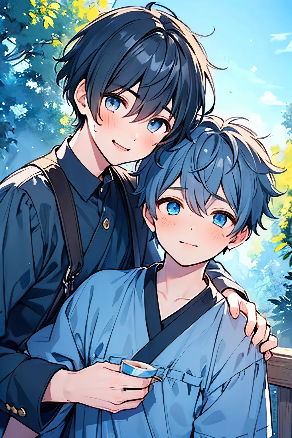  ((1-boy :1.5)),(( adult male:1.0)), black hair, tea hair, blue eyes,(( flashy hair ornament:0.65)),(2 men:1.0),(Yaoi:1.2),((hold each other's shoulders:1.25)),(Alliance :1.0),((fellow:0.5)),(looking viewer:1.0),smile,((approx:1.0),