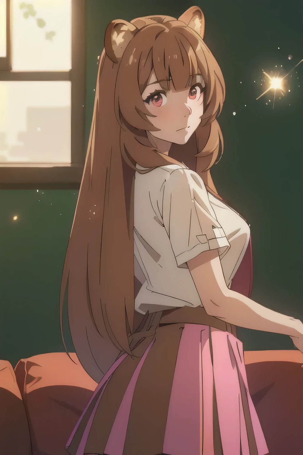 1 girl in, 18, photo of Raphtalia, Shield Hero Waifu, photo of perfect woman, Solo, Aesthetic artwork, (long hair, straight brown hair, long hair, brown hair, bangs: 1.25), (girl, raccoon girl, raccoon ears, animal ears, red eyes: 1.2), (clear skin, fare skin, medium breasts, B-cup, runners body, very thin waist, skinny, petite, detailed skin texture, (Masterpiece), (upskirt, shot from buying, arched about back), (wearing a short sleeve button down white blouse, unbuttoned, (short pleated skirt pink:1.15), school girl uniform, (detailed living room background:1.1), on a couch, chilling, (extremely detailed 8k wallpaper), soft lighting, high quality, film grain, 50mm, High Detail, Sharp focus, (natural light), (cowboy photo:1.2), light particles
