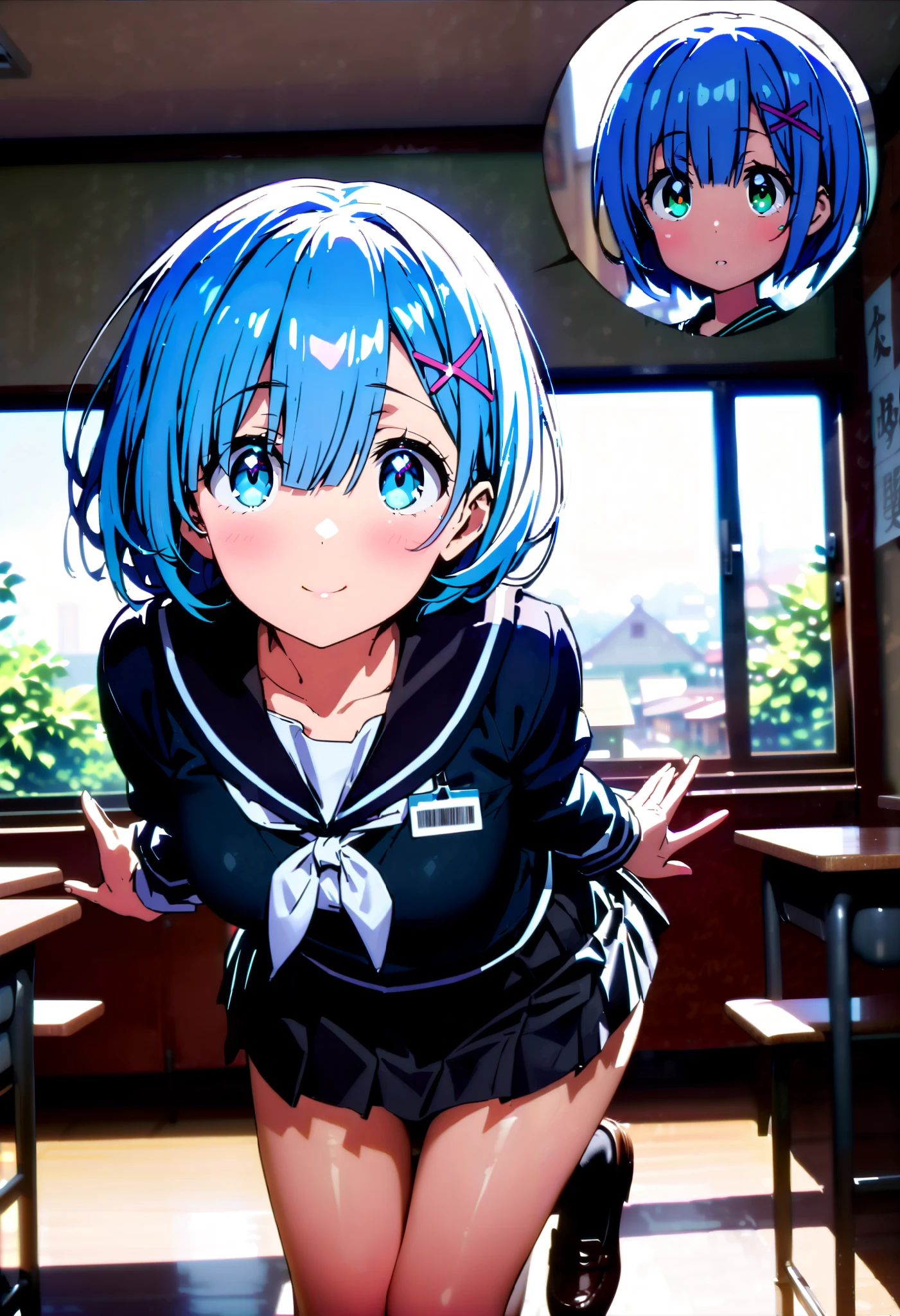 Rem, blue eyes, ブルーhair, hair ornament, hair, Hair Ribbon ,blunt bangs, ショートhair, x hair ornament, blush,smile, embarrassing,Black sailor suit, black mini pleated skirt ,Black socks,Brown loafers,Pull the skirt, skirt tag , miniskirt, flip through skirts alone, skirt lift,noon,whole bodyがイラストに入るように,
break looking at viewer,whole body,
break indoors, classroom,
break (masterpiece:1.2), best quality , high resolution, Unity 8K Wallpaper , (figure:0.8), ( precise and beautiful eyes:1.6), highly detailed face, PERFECT LIGHTING , very precise CG, (perfect hand, perfect anatomy),