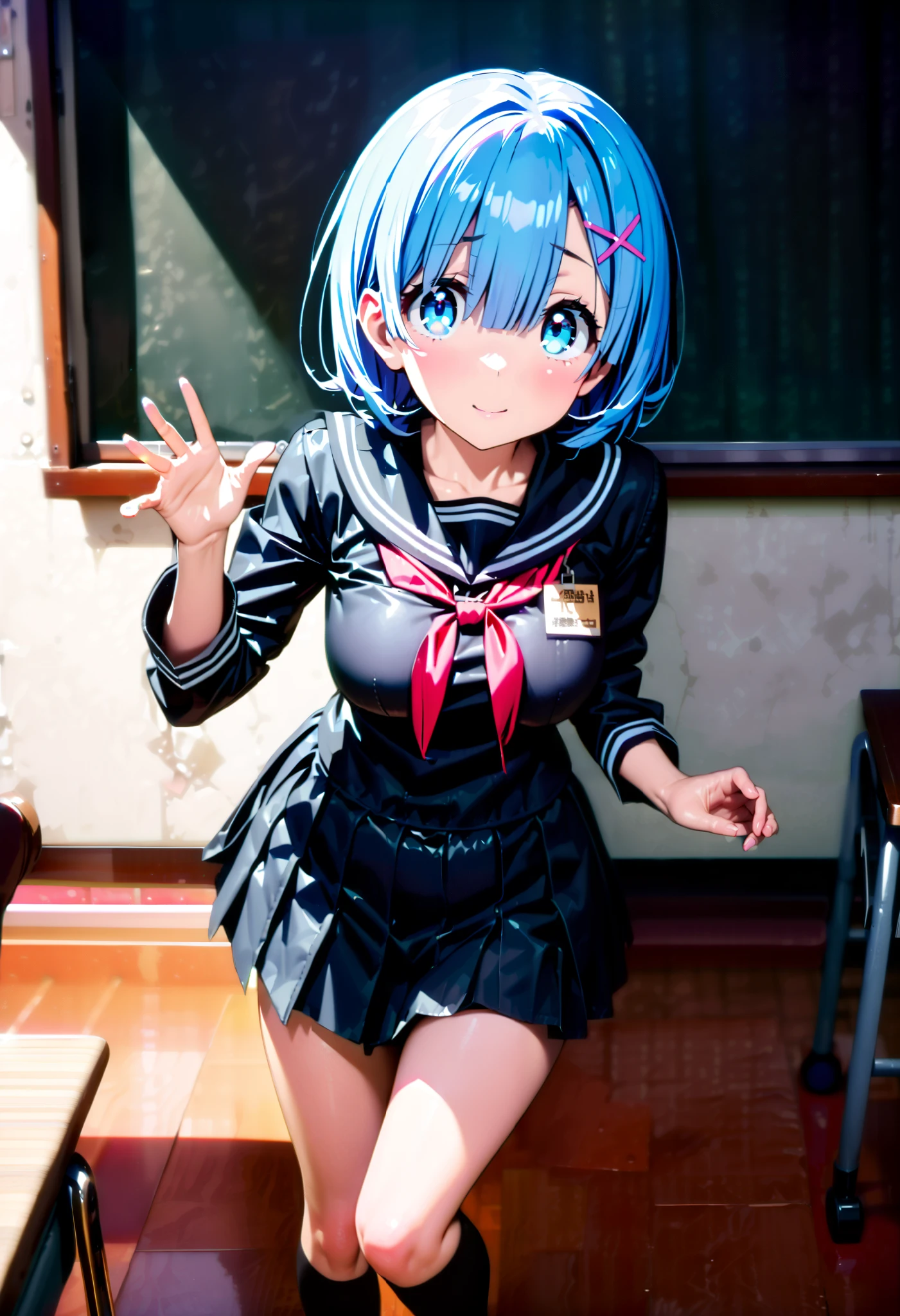 Rem, blue eyes, ブルーhair, hair ornament, hair, Hair Ribbon ,blunt bangs, ショートhair, x hair ornament, blush,smile, embarrassing,Black sailor suit, black mini pleated skirt ,Black socks,Brown loafers,Pull the skirt, skirt tag , miniskirt, flip through skirts alone, skirt lift,noon,whole bodyがイラストに入るように,
break looking at viewer,whole body,
break indoors, classroom,
break (masterpiece:1.2), best quality , high resolution, Unity 8K Wallpaper , (figure:0.8), ( precise and beautiful eyes:1.6), highly detailed face, PERFECT LIGHTING , very precise CG, (perfect hand, perfect anatomy),