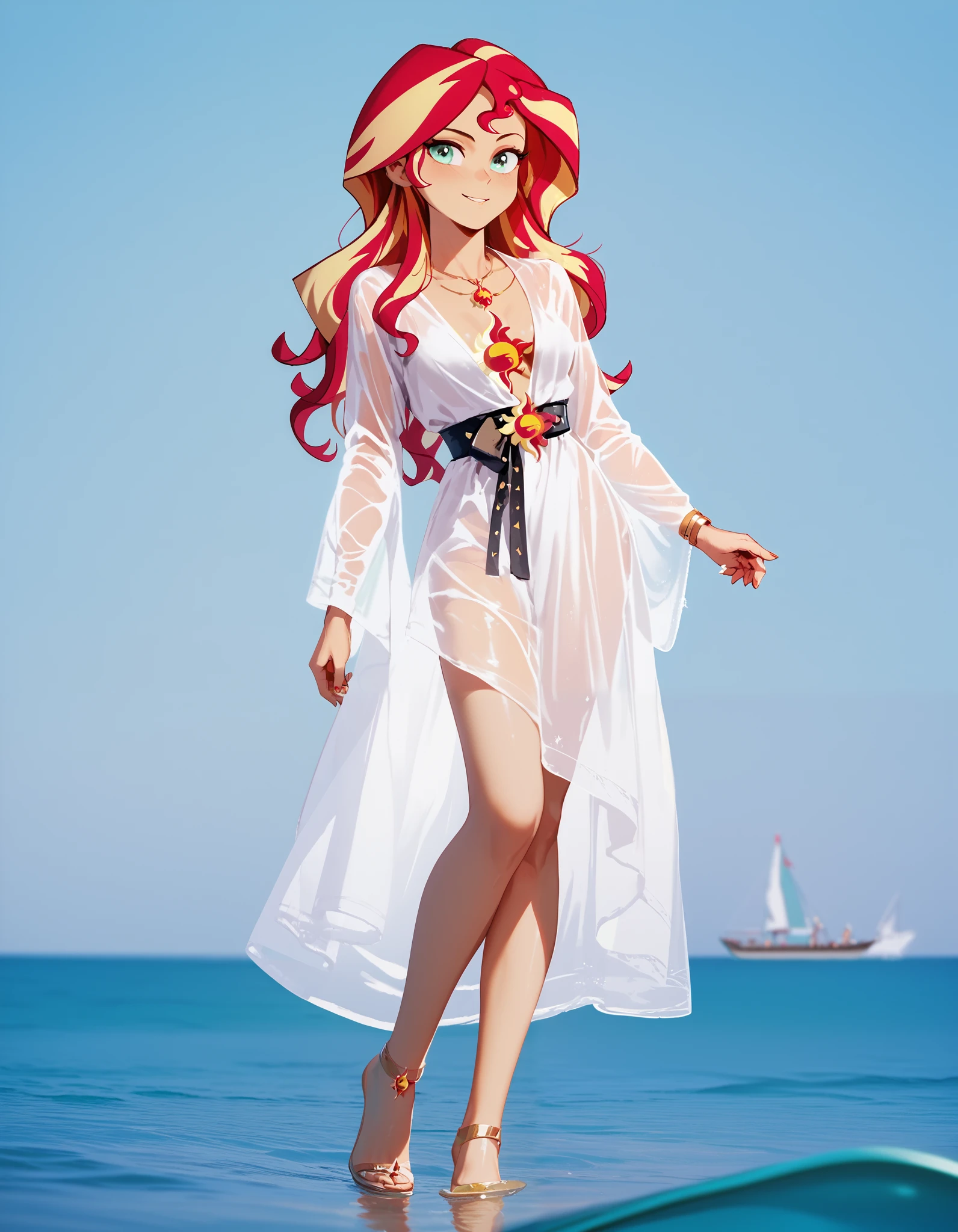 Sunset Shimmer, red and yellow hair, wavy hair, standing on a yacht, sexy pose, photoshoot, very detailed, wearing a white shear robe, see-through robe