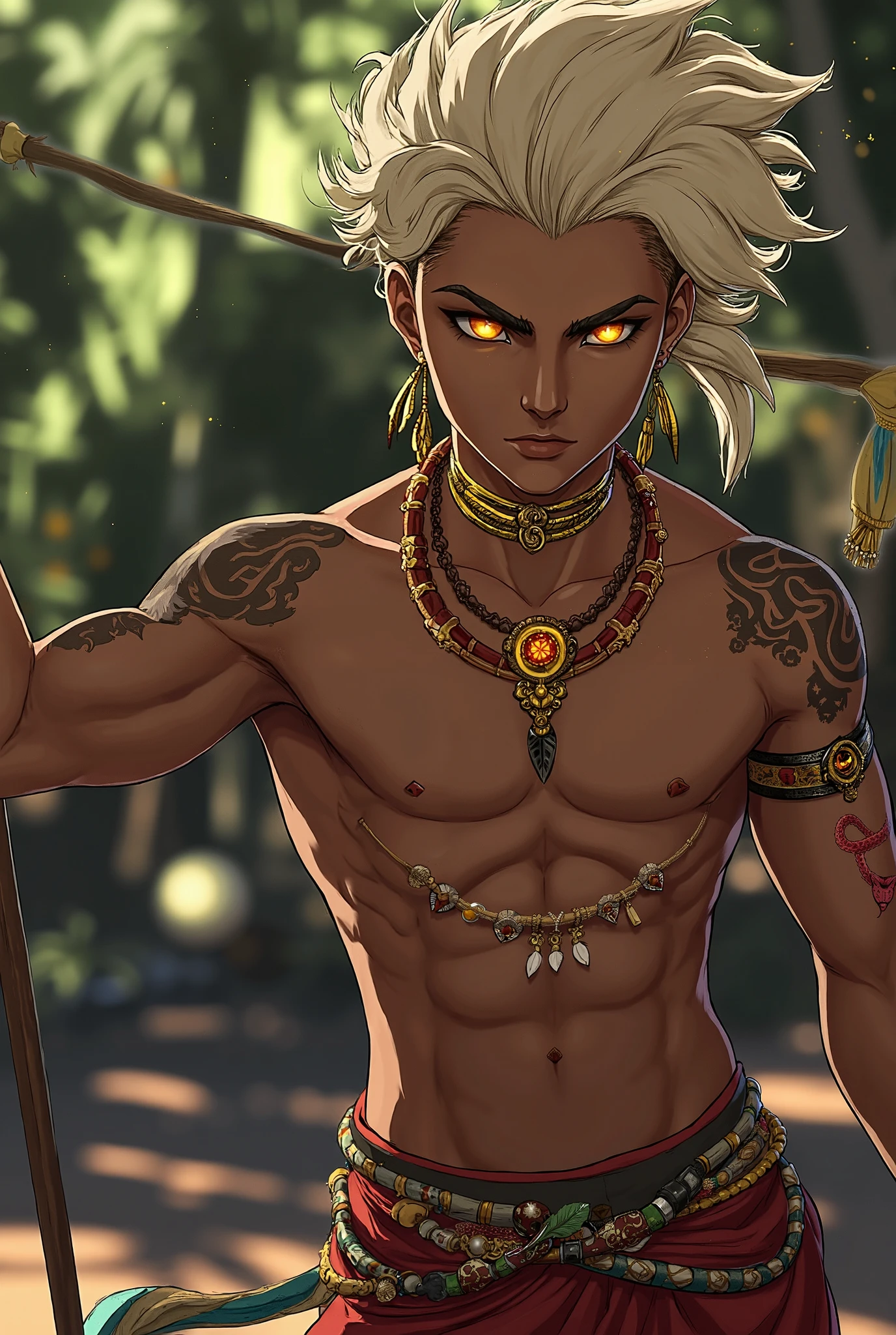 1boy, wielding a spear, dynamic pose, dark skin, ash blond curly hair, ponytail, tribe of ancient times, sun god, with golden ornaments, golden choker, dream catcher necklace, feather necklace, colorful beads necklaces, leather bands, red snake tattoos, tattoed arms, glowing eyes, sassy, depth of field, strong contrast, blurry background, native cloth,body tattos, warrior, muscles, fantasy,Curly hair, Wavy hair, Curls, messy, 18 years, anime