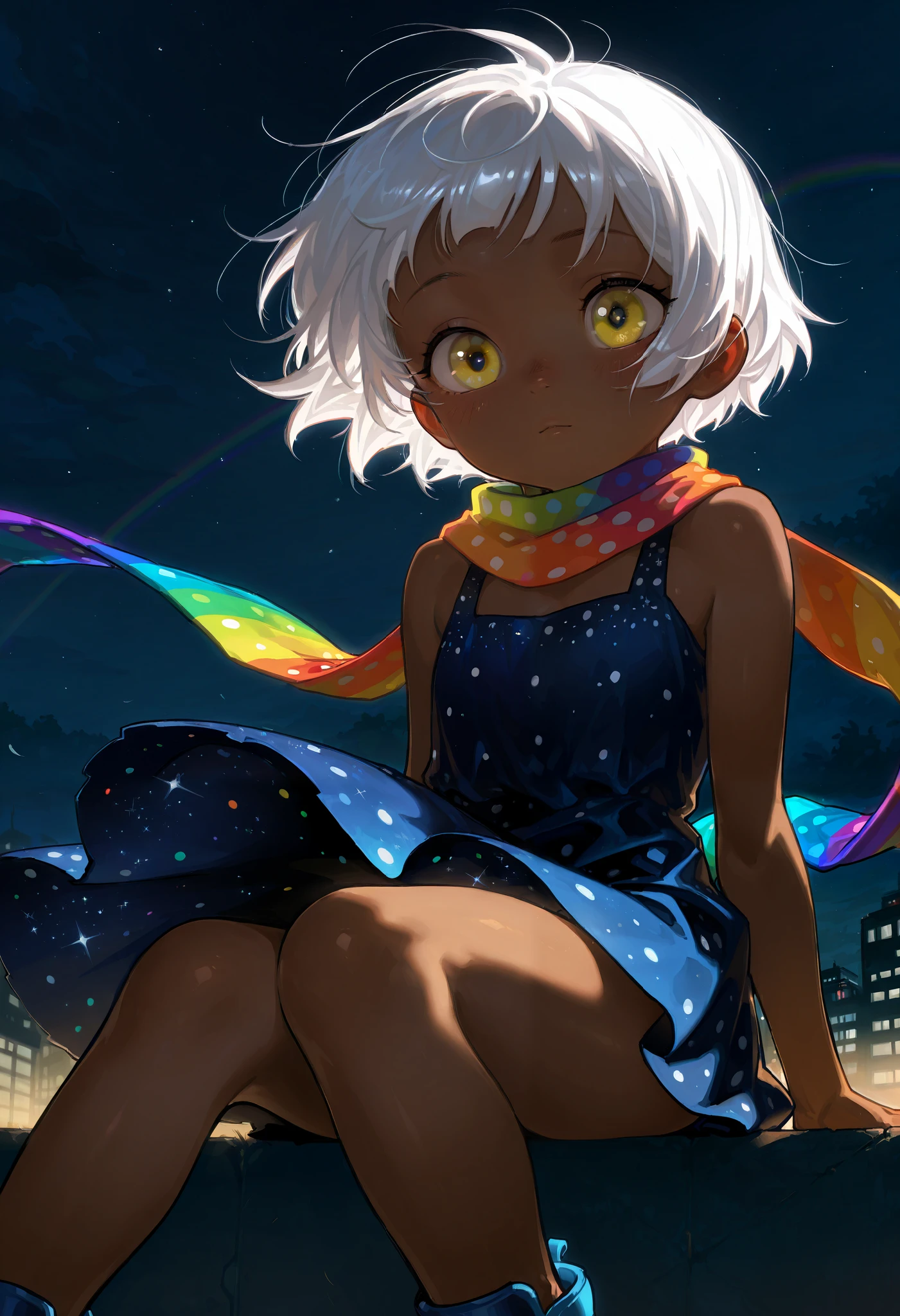 solo, score 9, score 8, score 7, Best quality::2.5, artwork::2.5, Masterpiece::2.5, Beautiful features, good anatomy, realistic look, beautiful details, Atmospheric features, Close up, detailed eyes, Night, rodecchi, , Little, cute, Brown skin, (White hair), Short hair, ((Big bangs)), beautiful hair, (Bright yellow eye), gojo eyes, (Rainbow scarf), Just a scarf tie, Bare shoulders, (Dark blue dress), Colorful polka dots on dress, simple dress, (Extremely short dress), blue sandal, Bare legs, Wind, Sitting, Legs open,
