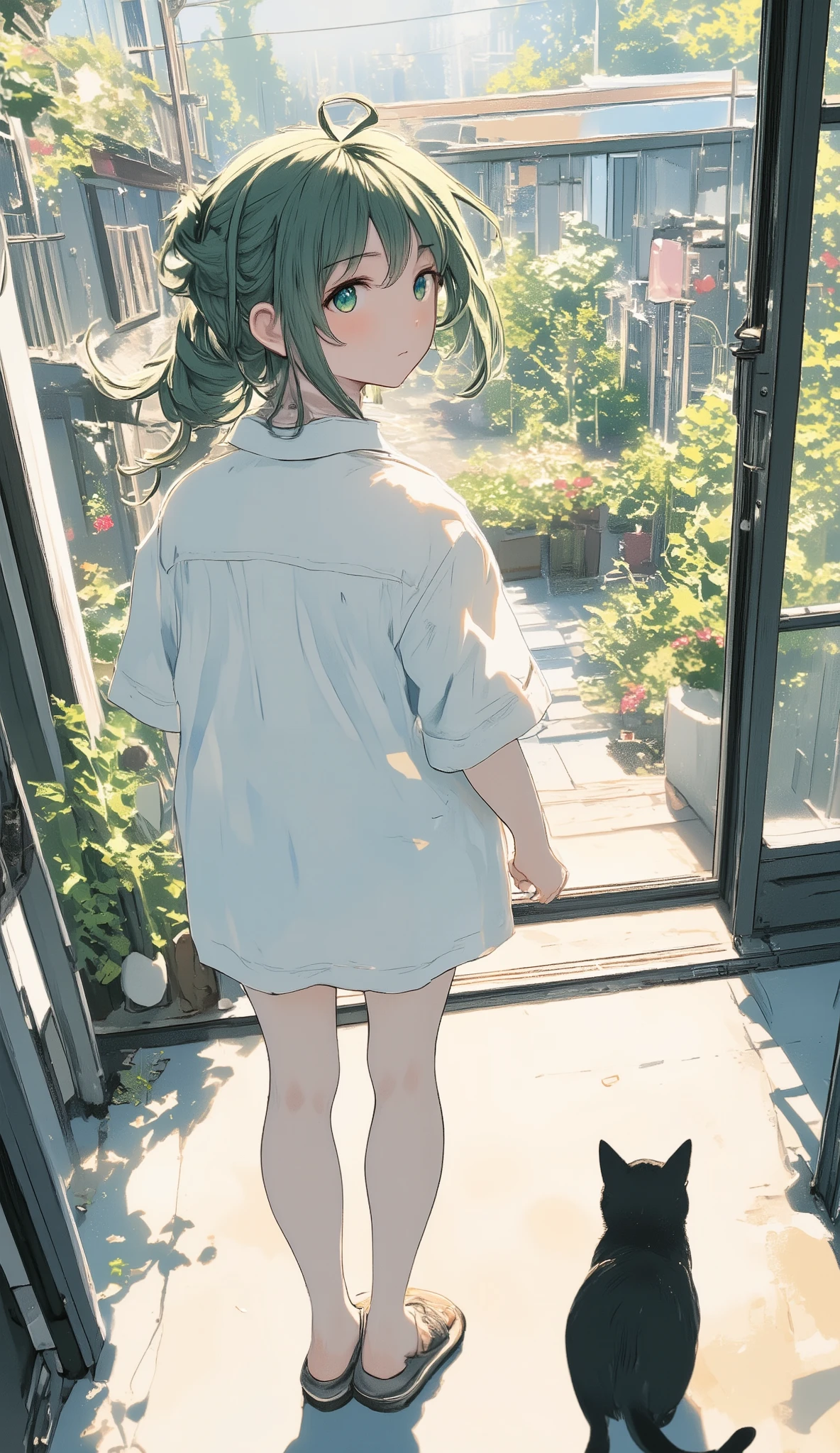  girl eating breakfast 、Toast and fried egg、 tea hair、 ponytail、whiteＴ shirt、white食卓テーブル、 one black cat sitting on the table 、 well-behaved black cat 、A black cat looking at a girl