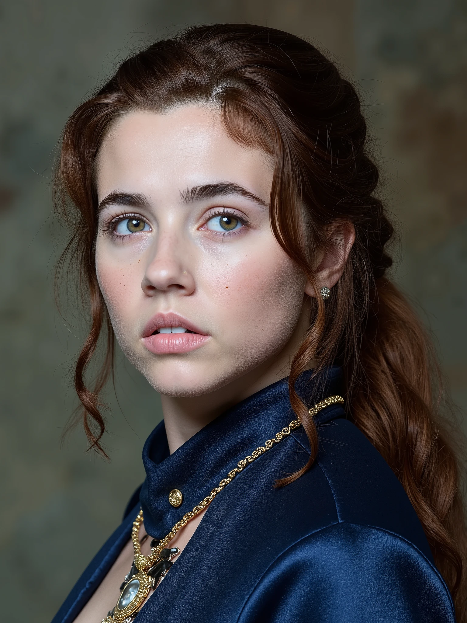 This is a high-resolution photograph of a young woman with a distinctively vintage, game of thrones house baratheon. She has a fair complexion, light brown and copper color long hair with straight,light brown hair. hair bun and ponytail . She wears dark blue and silver colour game of thrones outfit. Her expression is neutral, light blue eyes,
The lighting is even and natural, highlighting the details of her skin and long hair. look In front at the camera . The overall style of the photograph is reminiscent of classic black-and-white film photography, with a focus on the subject's face and attire, emphasizing the retro fashion and vintage charm of the image. Game of thrones universe ,