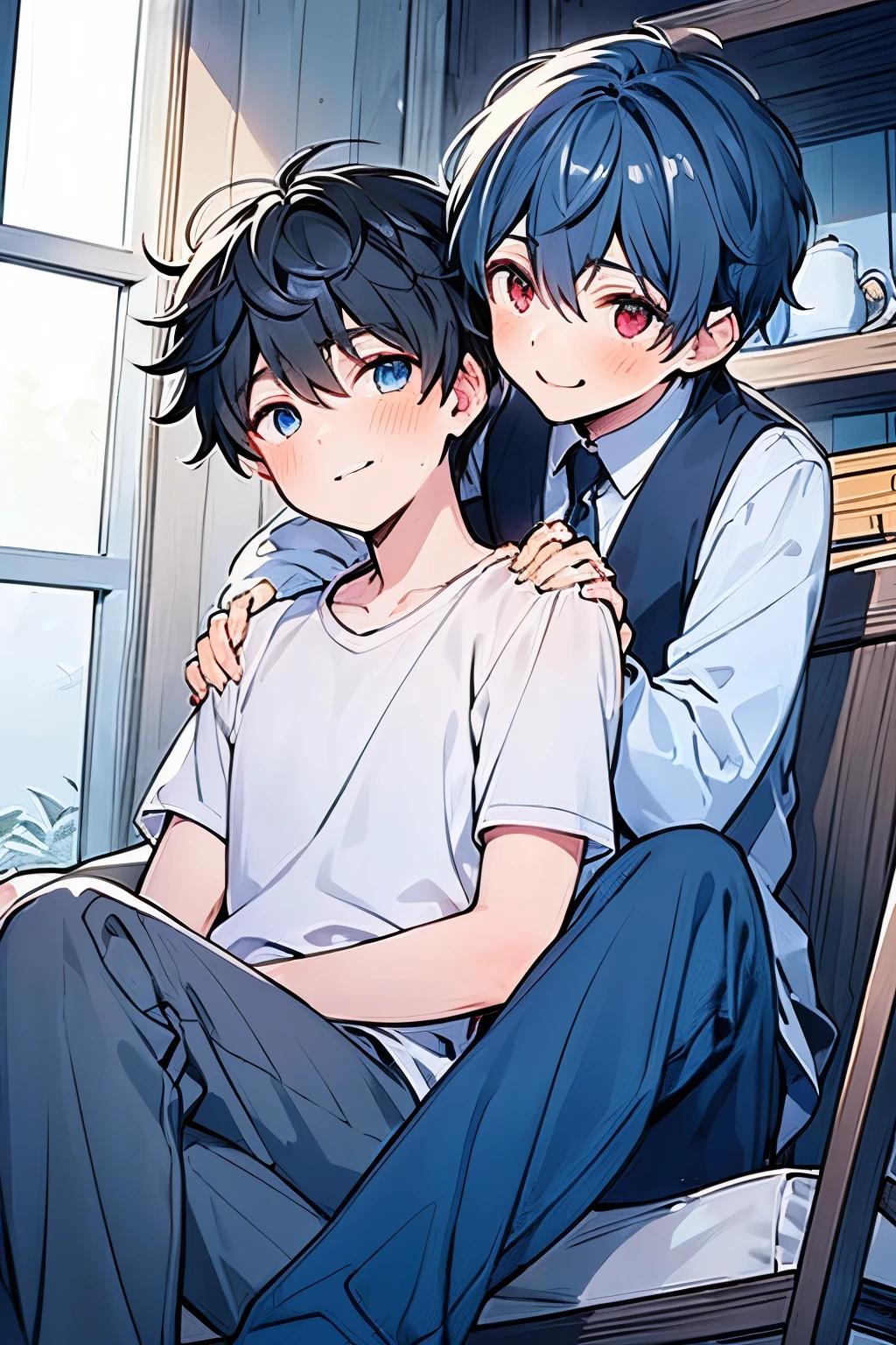  ((1-boy :1.5)),(( adult male:1.0)), black hair, tea hair, red eyes, blue eyes,(( flashy hair ornament:0.65)),(2 men:1.0),(Yaoi:1.2),((hold each other's shoulders:1.25)),(Alliance :1.0),((rival:0.8)),(looking viewer:1.0),smile,((approx:1.0),