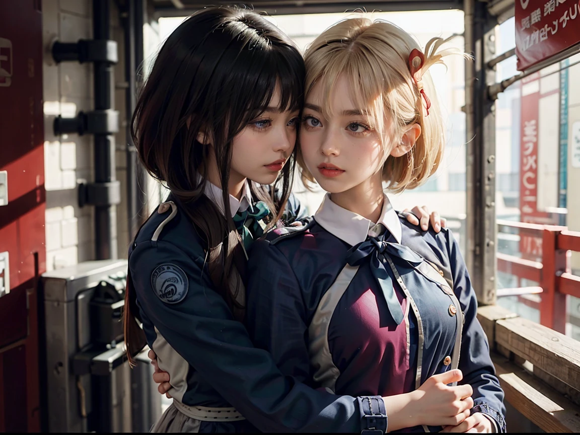 8K quality、High resolution、Two female officers、Realistic skin texture、Two women make love to each other、High resolutionの肌、Grab the breast、thin、Small and young breasts、Beautiful cleavage、Gray Hair、thin脚、、Full Body Shot、Get wet、Miniskirt military uniform