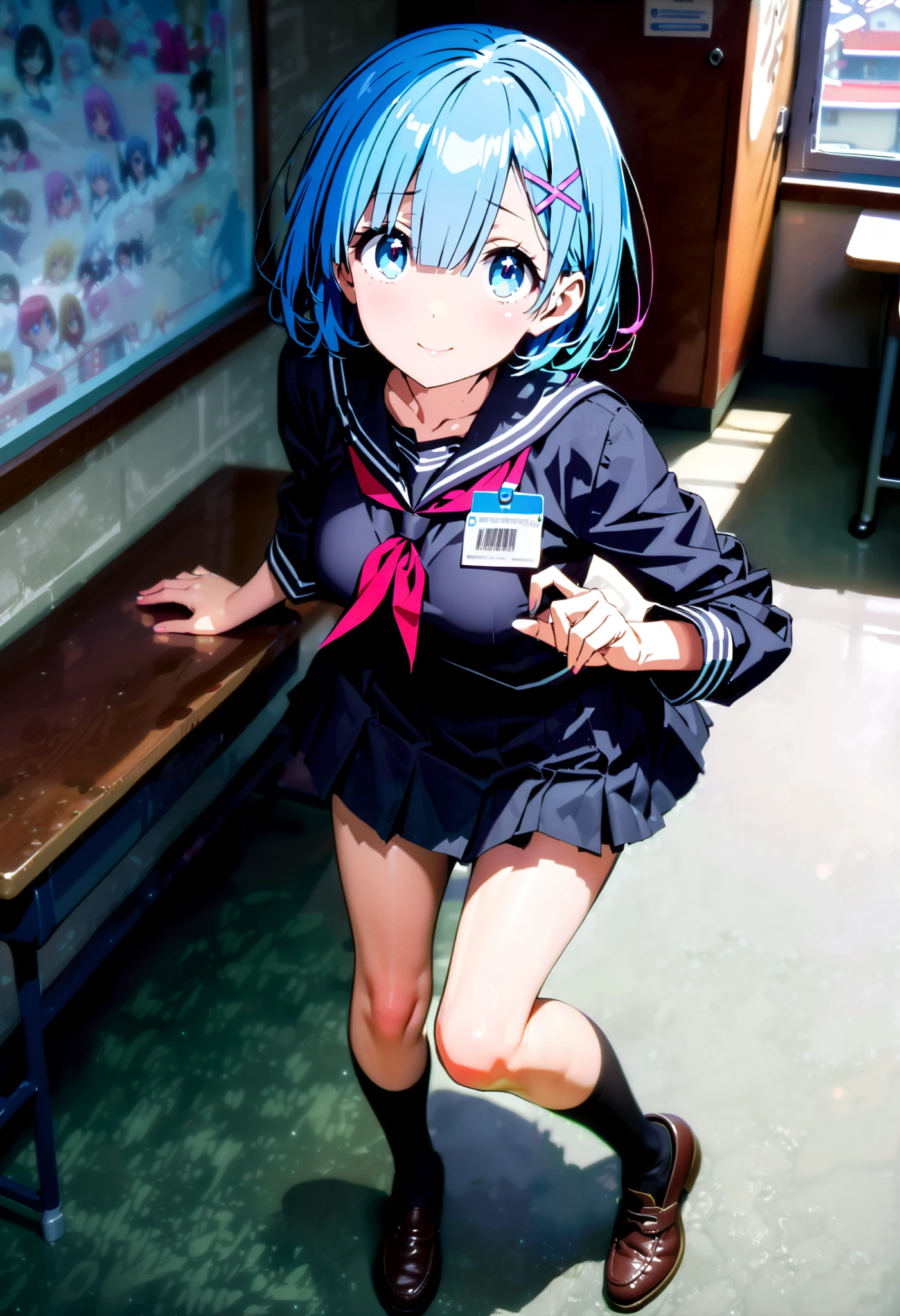 Rem, blue eyes, ブルーhair, hair ornament, hair, Hair Ribbon ,blunt bangs, ショートhair, x hair ornament, blush,smile, embarrassing,Black sailor suit, black mini pleated skirt ,Black socks,Brown loafers,Pull the skirt, skirt tag , miniskirt, flip through skirts alone, skirt lift,noon,whole bodyがイラストに入るように,
break looking at viewer,whole body,
break indoors, classroom,
break (masterpiece:1.2), best quality , high resolution, Unity 8K Wallpaper , (figure:0.8), ( precise and beautiful eyes:1.6), highly detailed face, PERFECT LIGHTING , very precise CG, (perfect hand, perfect anatomy),