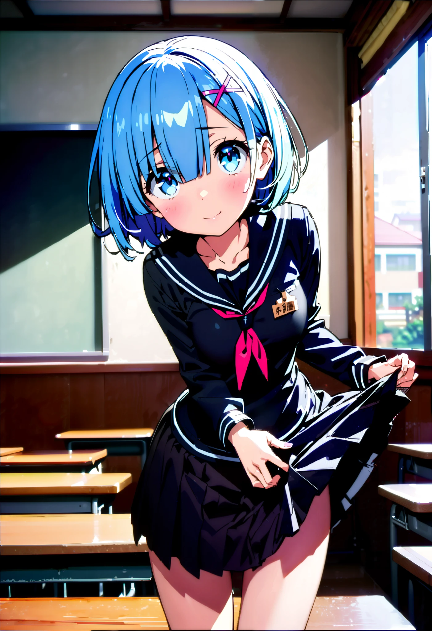 Rem, blue eyes, ブルーhair, hair ornament, hair, Hair Ribbon ,blunt bangs, ショートhair, x hair ornament, blush,smile, embarrassing,Black sailor suit, black mini pleated skirt ,Black socks,Brown loafers,Pull the skirt, skirt tag , miniskirt, flip through skirts alone, skirt lift,noon,whole bodyがイラストに入るように,
break looking at viewer,whole body,
break indoors, classroom,
break (masterpiece:1.2), best quality , high resolution, Unity 8K Wallpaper , (figure:0.8), ( precise and beautiful eyes:1.6), highly detailed face, PERFECT LIGHTING , very precise CG, (perfect hand, perfect anatomy),