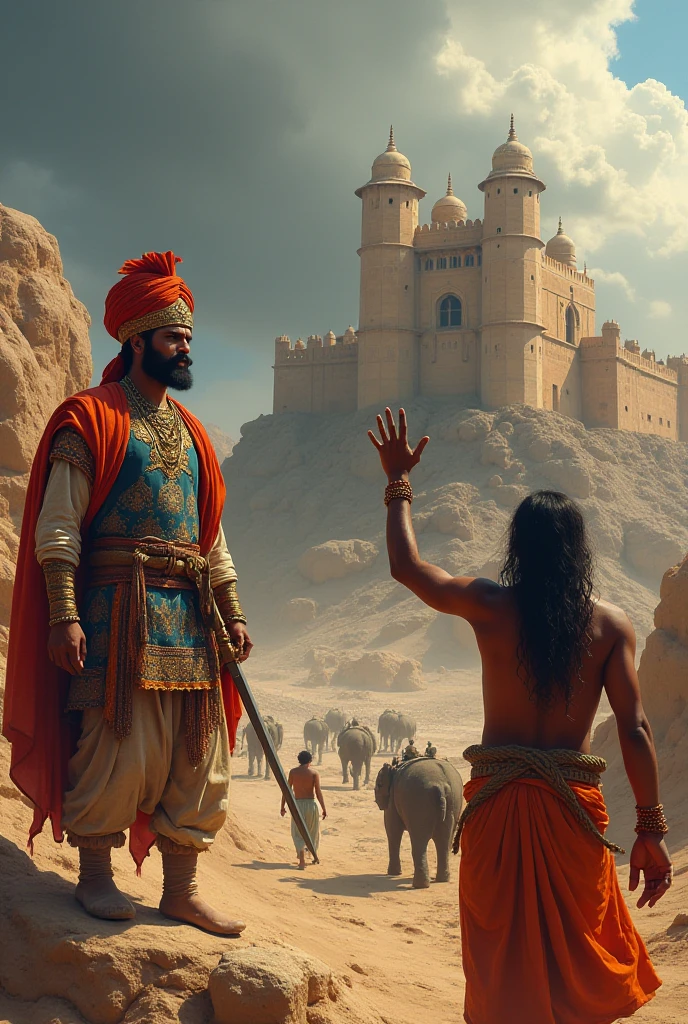Generate a high quality interior of an indian palace with big windows without mirror and classic curtain closing, the indian king having bodybuilder physic and long hairs scolding and ordering his all male servents standing with anger standing in front of them giving order, the king is pointing finger toward only male servents with visible king face king is walking towards the ship