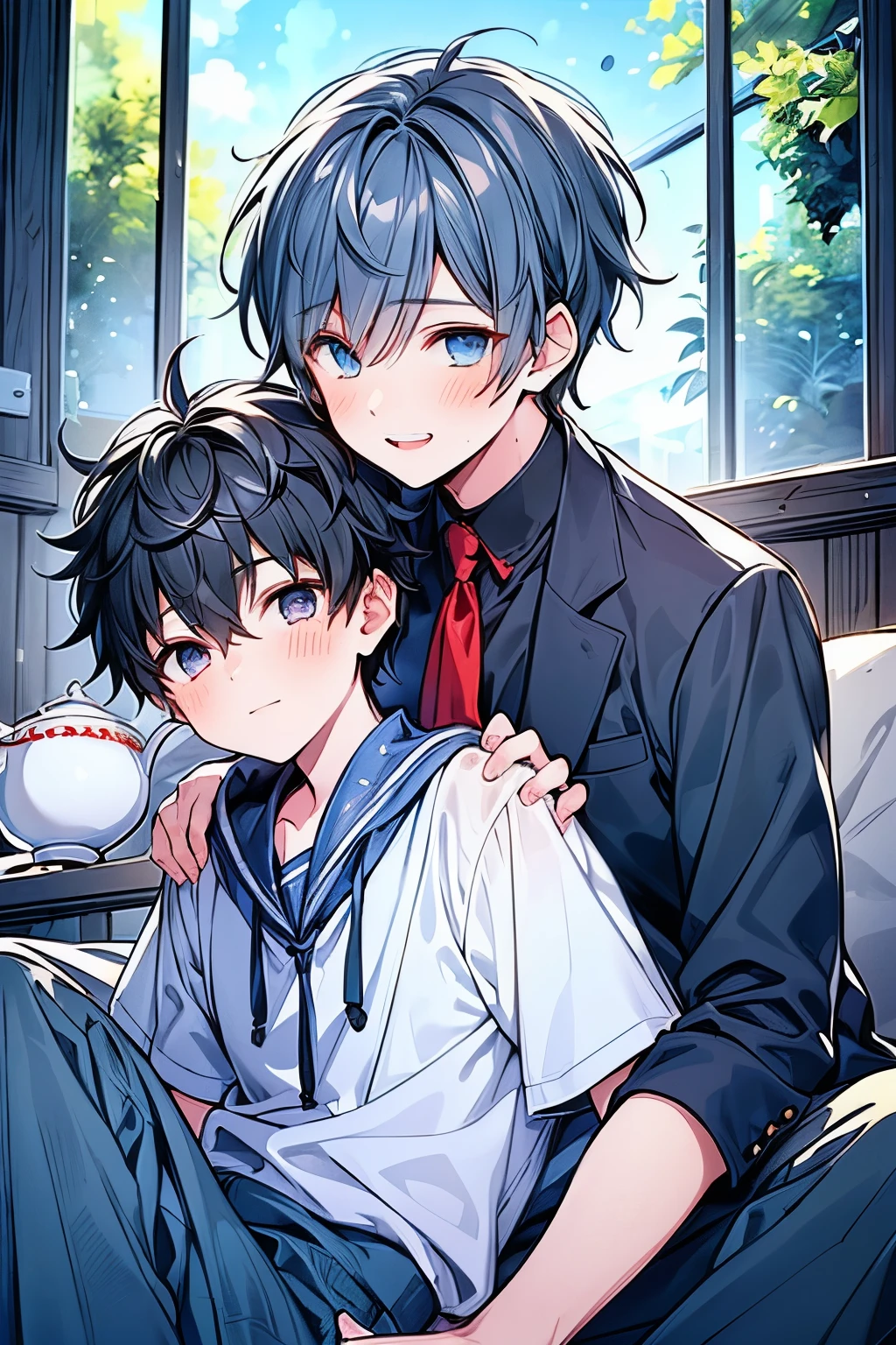((1-boy :1.5)),(( adult male:1.0)), black hair, tea hair, red eyes, blue eyes,(( flashy hair ornament:0.65)),(2 men:1.0),(Yaoi:1.2),((hold each other's shoulders:1.25)),(Alliance :1.0),((rival:0.8)),(looking viewer:1.0),smile,((approx:1.0),
