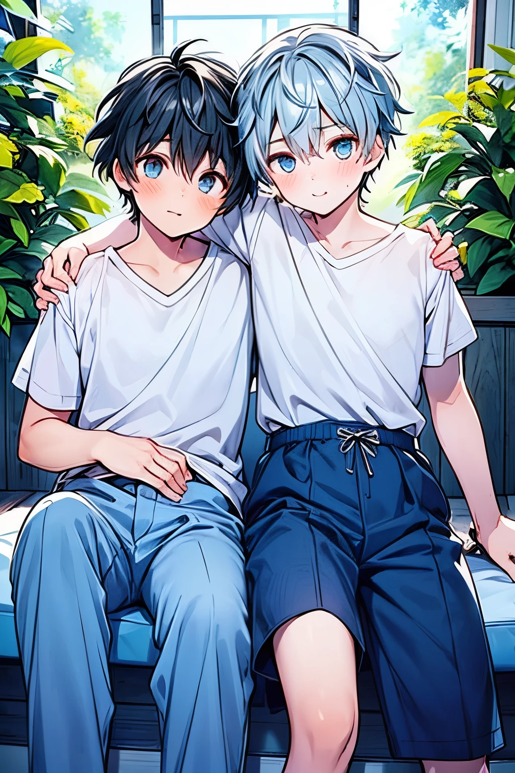 ((1-boy :1.5)),(( calm adult men:1.0)), black hair, tea hair, blue eyes, red eyes,(( flashy hair ornament:0.65)),(2 men:1.0),(Yaoi:1.2),((hold each other's shoulders:1.25)),(Alliance :1.0),(( join hands with rivals ,Form a team :0.5)),(looking viewer:1.0), True Love,((approx:1.0),
