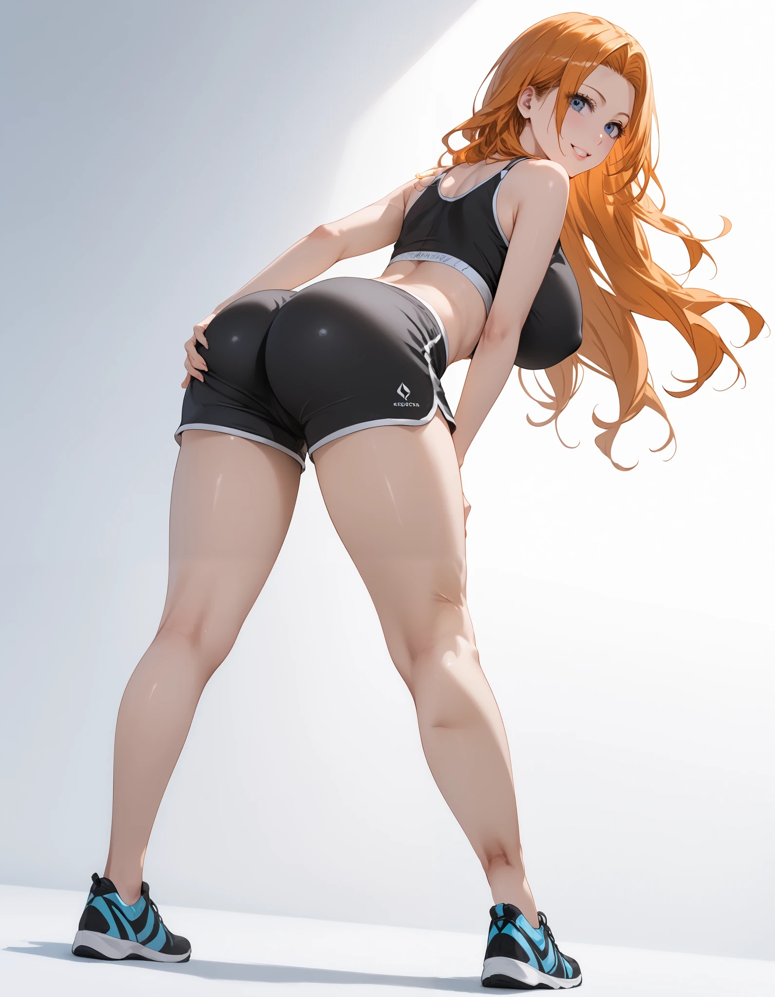 EPblMatsumoto, Rangiku Matsumoto, mole, mole under mouth, parted bangs, long hair, blue eyes, forehead, orange hair, photorealistic, detailed coloring, anime style, detailed high quality, chromatic aberrations, ultra detailed quality skin, detailed ray tracing lighting, masterpiece、 best quality、masterpiece, high definition , 8K quality, perfect face, 1 girl, beautiful face, beautiful detailed eyes, Alone, cute face, スレンダー、引き締まったウエスト、美しい顔, smile, (looking back, back shot, leaning forward, grabbing ass, full body, arched back, from below, ass focus:1.2), red cheek, huge breasts, large butt, looking at viewer, hair slicked back, collarbone, Staring at the viewer, (crop top, sport shorts, black clothes, covered nipples), cowboy shot, ass line, dynamic angle, sexy pose, sensual expression, sensual pose, Gradient Background, simple background,