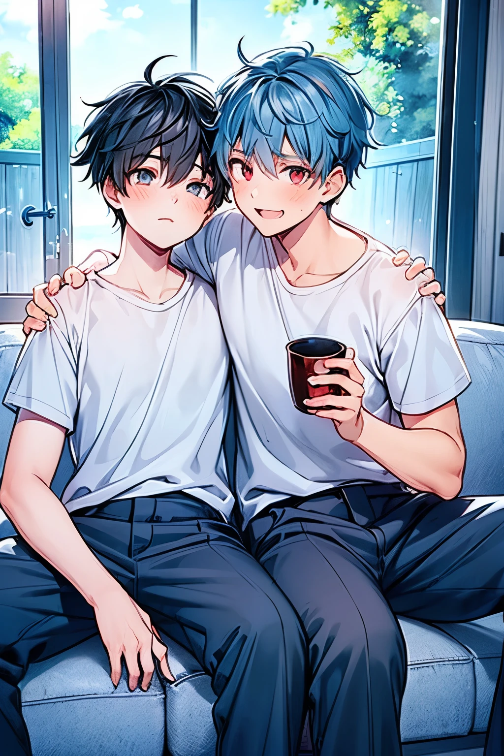  ((1-boy :1.5)),(( calm adult men:1.0)), black hair, tea hair, blue eyes, red eyes,(( flashy hair ornament:0.65)),(2 men:1.0),(Yaoi:1.2),((hold each other's shoulders:1.25)),(Alliance :1.0),(( join hands with rivals ,Form a team :0.5)),(looking viewer:1.0), True Love,((approx:1.0),