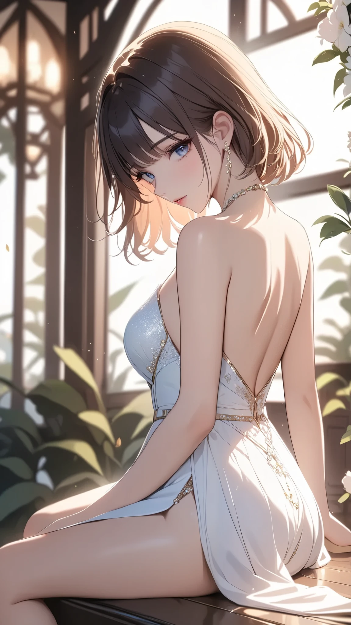 (Sweat:0.7),pale yellow wedding dress,White short skirt,woman,Japanese,Beautiful Face, Beautiful Face,Exposing shoulders,The shoulders are slightly exposed,Translucent skin,Iris,Black Hair,(Realistic:1.4),Realistic details, High resolution,Bokeh,Excellent details,