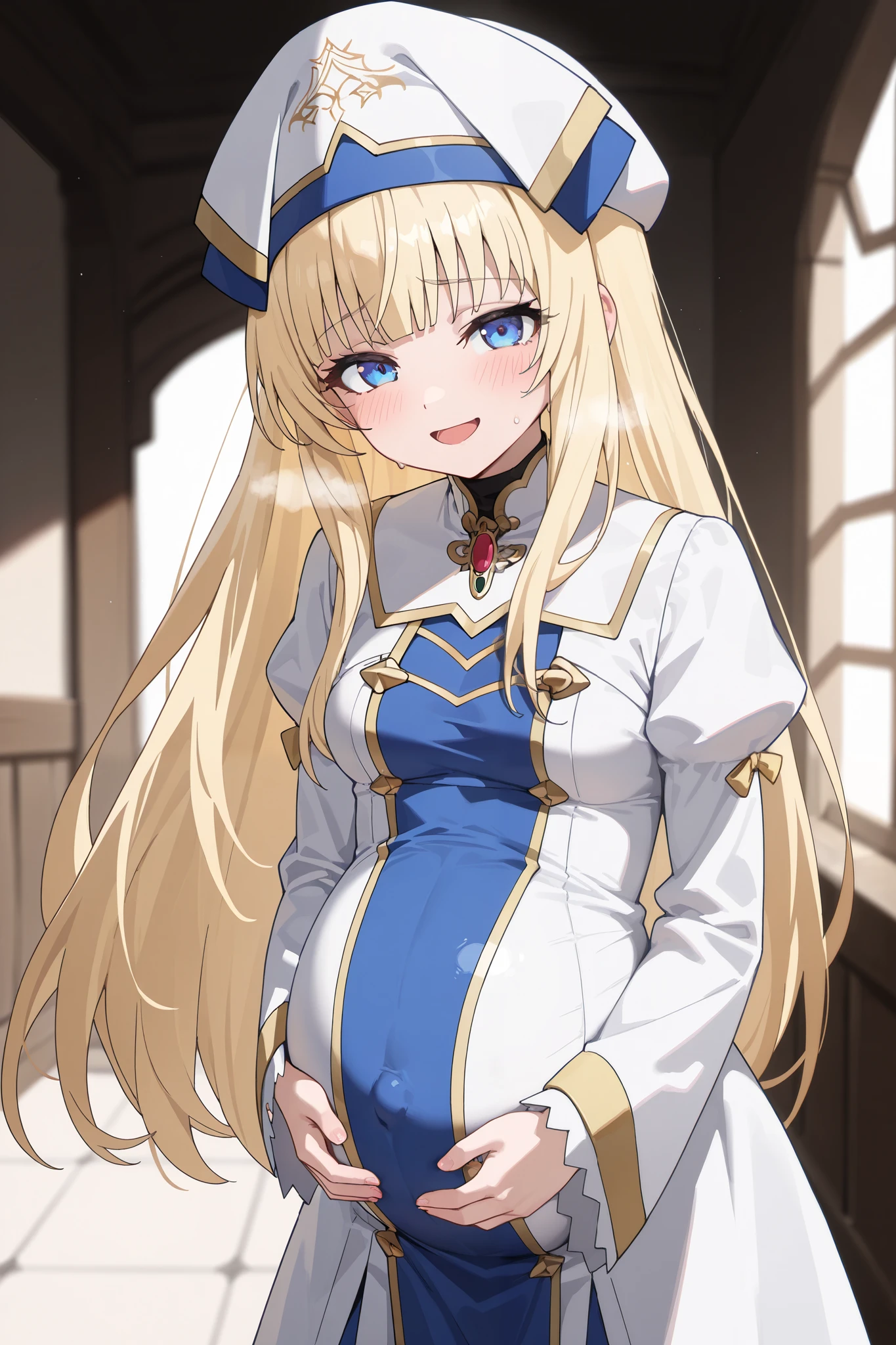 (Best quality, 4k, 8k, high resolution, masterpiece:1.2), ultra detailed, intricate details,SOLO,beautiful girl, alone, middle hair, blond hair, blunt bangs,blue eyes eyes, small-medium breasts, red ribbon tie, blush, perfect smooth skin, looking at viewer, Smile lightly, ,head tilted, (Pregnant:1.0), priestess, goblin slayer,painful_expression:1.0), winced in pain, open mouth, heavy breathing, birth pain, standing, priestess hat