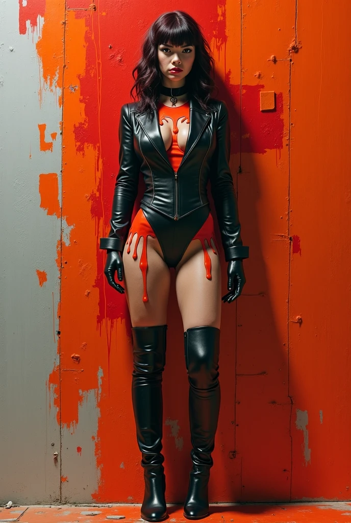 black long haired Asian woman with red pupils. pvc black clothing. leotard, red jacket, knee high boots, black sun glasses. gothic theme, with neon lights. sinister character. in a cyberpunk setting