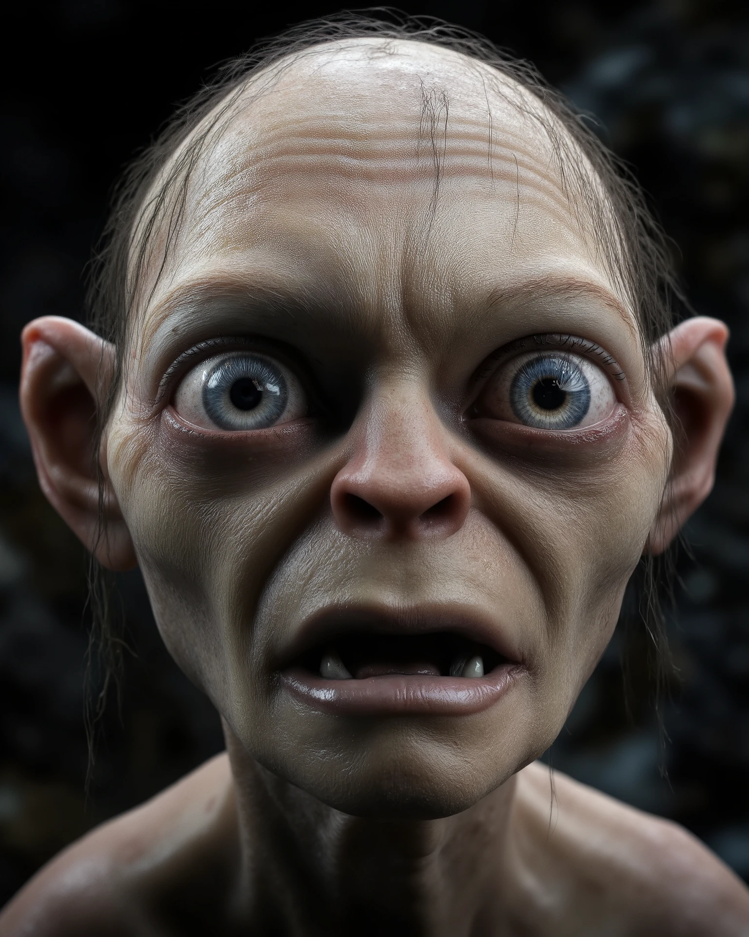 A highly detailed close-up portrait of Gollum from The Lord of the Rings, capturing an intense and emotional moment. His face is the central focus of the image, emphasizing every intricate detail of his gaunt, wrinkled skin, deep-set eyes, and sharp, bony features. His expression is filled with anxiety and unease, his large, watery eyes darting nervously as if sensing danger. His mouth is slightly open, revealing crooked, jagged teeth, and his thin, greasy strands of hair cling to his pale, clammy forehead. The lighting is dramatic, casting deep shadows that enhance the eerie, almost tragic quality of his face. The background is blurred and dark, further directing attention to Gollum’s distressed expression. The textures are ultra-realistic, making every pore, wrinkle, and blemish visible, creating a haunting yet mesmerizing visual effect.