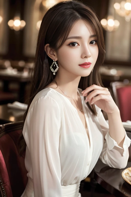masterpiece, highest quality, Realistic, Very detailed, Finer details, High resolution, 8k wallpaper, One beautiful woman, Wear an elegant white see-through blouse, In a great restaurant, At night, Light brown messy hair, Perfect dynamic composition, Beautiful and beautiful eyes、Big earrings、Sitting in a chair、