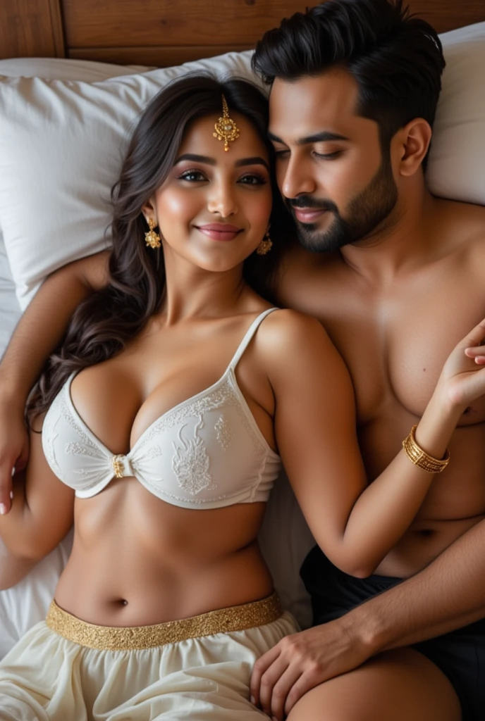 ((best quality)), ((masterpiece)), (detailed), perfect face romance doing couple, woman wearing cleavage saree and man wearing underwear, man kissing and pressing