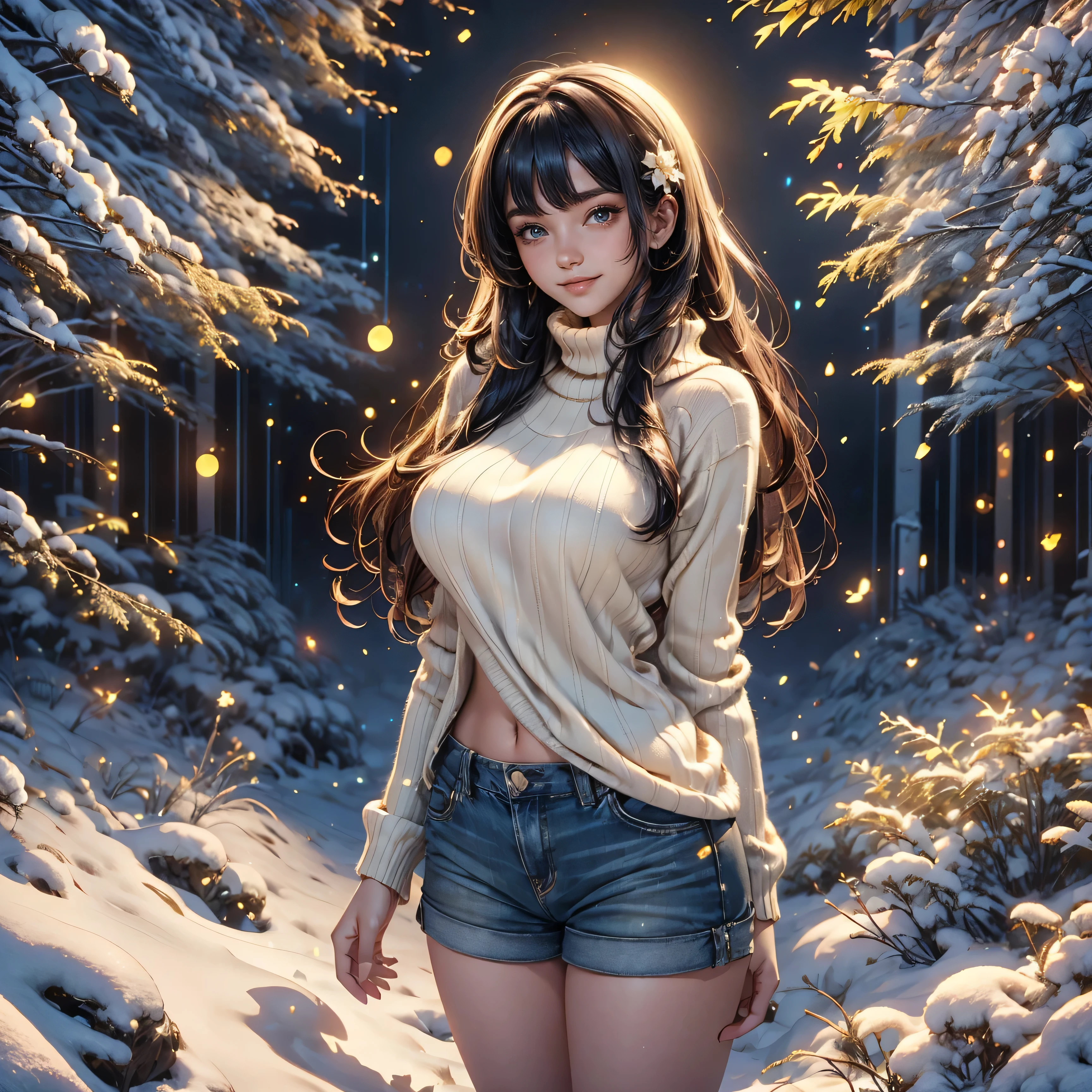 a woman in sweater and shorts, standing in the snow, smiley face smile on face, , hot body curves, beautiful flowers around her, buxom, indian super model, photo of slim girl, photo of slim girl, 2 female model, 1 8, beautiful woman body, beautiful woman photo, indian, real trending on instagram image, popular on instagram, featured on instagram, million of likes, buxom, beautiful woman photo, hyper realistic background, removed watermarks, very round, very realistic photograph, trending on instagram, instagram model, only snow in the background, sfw , female gigachad