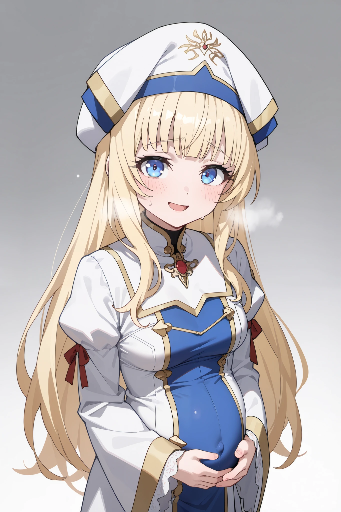 (Best quality, 4k, 8k, high resolution, masterpiece:1.2), ultra detailed, intricate details,SOLO,beautiful girl, alone, middle hair, blond hair, blunt bangs,blue eyes eyes, small-medium breasts, red ribbon tie, blush, perfect smooth skin, looking at viewer, Smile lightly, ,head tilted, (Pregnant:1.0), priestess, goblin slayer,painful_expression:1.0), winced in pain, open mouth, heavy breathing, birth pain, standing, priestess hat
