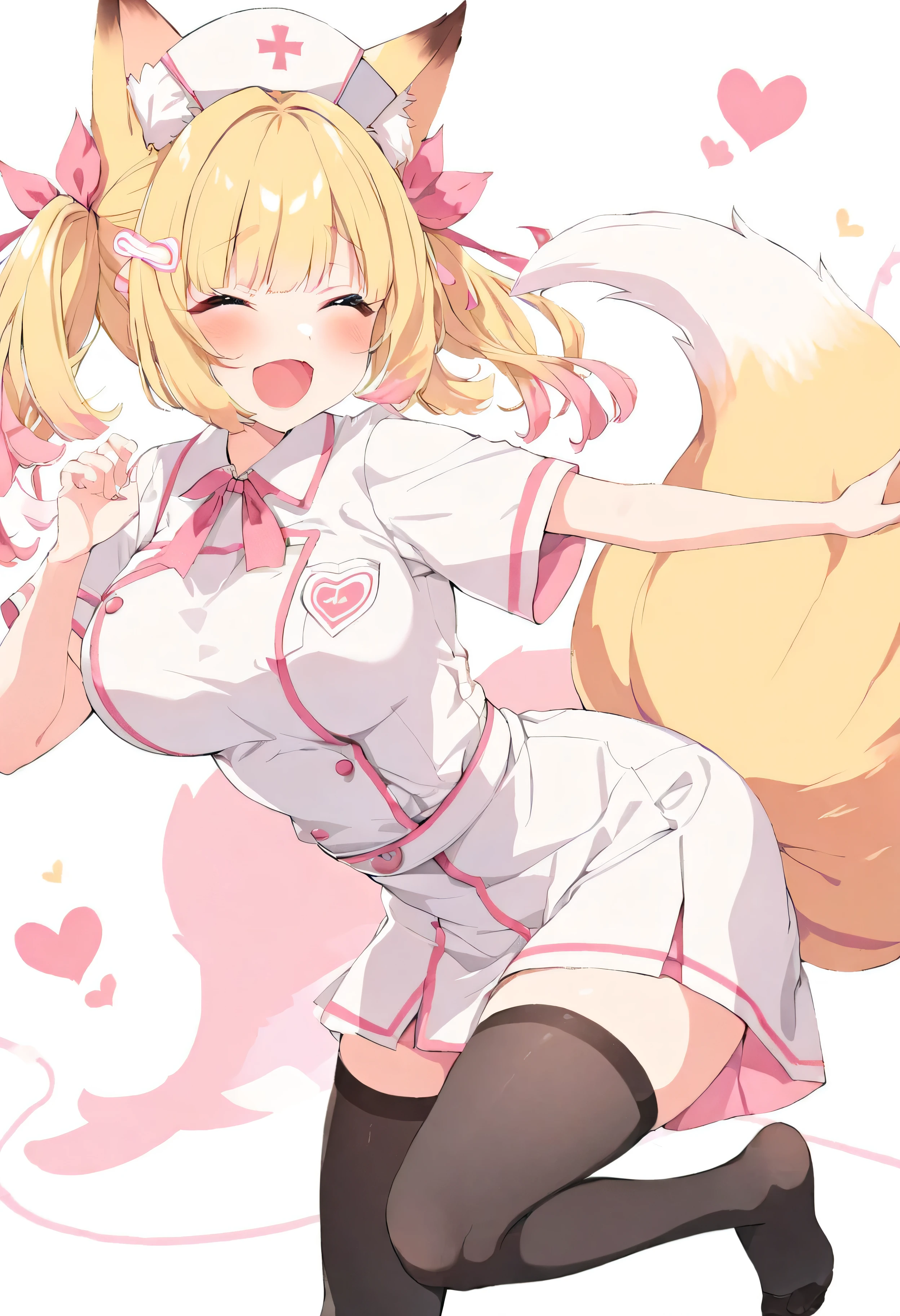 (Best Quality), 、a girl, solo, sexy,(lovely), nurse cosplay, Short skirt, blonde, twin tale hairstyle, fox ears, a fluffy fox tail on your butt, Arching the back ,gravure pose, ((large breasts)), Laughing, simple white background, A lot of pink hand-drawn hearts are flying in the background, lwinking, Kyoto Animation style illustration、Watercolor tone, wearing black tights on your legs,