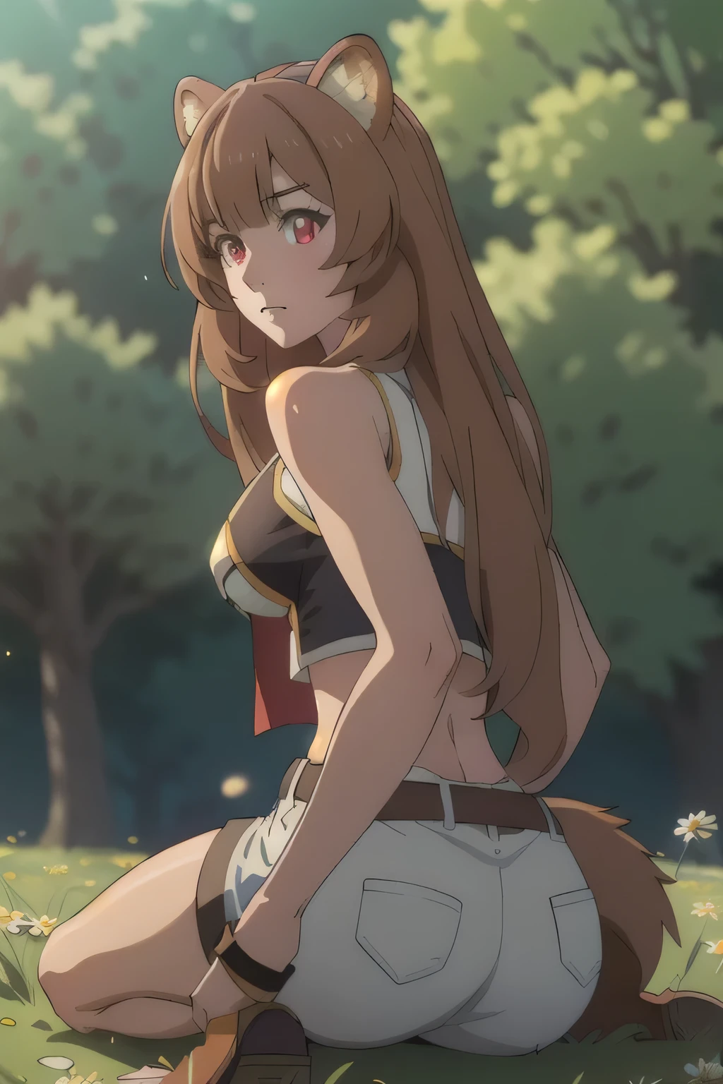 1 girl in, 18, photo of Raphtalia, Shield Hero Waifu, photo of perfect woman, Solo, Aesthetic artwork, (long hair, straight brown hair, long hair, brown hair, bangs: 1.25), (girl, raccoon girl, raccoon ears, animal ears, red eyes: 1.2), (clear skin, fare skin, medium breasts, B-cup, runners body, very thin waist, skinny, petite, detailed skin texture, (Masterpiece), (under boob, shot from behind, arched back), (she is wearing a Pokemon trainer cosplay, White ball cap, black vest, white tube top, Daisy Duke shorts), wide open field, holding a pokeball, kneeling on the grass, splits kneeling, legs apart, trees in the distance, (extremely detailed 8k wallpaper), soft lighting, high quality, film grain, 50mm, High Detail, Sharp focus, (natural light), (cowboy photo:1.2), light particles