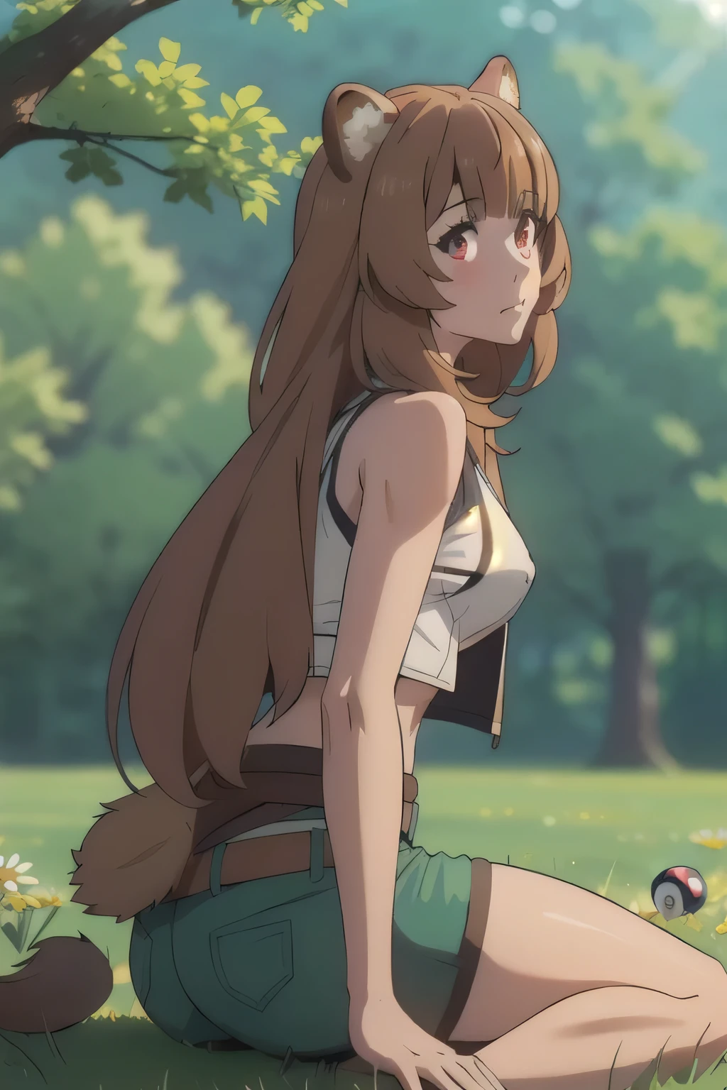 1 girl in, 18, photo of Raphtalia, Shield Hero Waifu, photo of perfect woman, Solo, Aesthetic artwork, (long hair, straight brown hair, long hair, brown hair, bangs: 1.25), (girl, raccoon girl, raccoon ears, animal ears, red eyes: 1.2), (clear skin, fare skin, medium breasts, B-cup, runners body, very thin waist, skinny, petite, detailed skin texture, (Masterpiece), (under boob, shot from behind, arched back), (she is wearing a Pokemon trainer cosplay, White ball cap, black vest, white tube top, Daisy Duke shorts), wide open field, holding a pokeball, kneeling on the grass, splits kneeling, legs apart, trees in the distance, (extremely detailed 8k wallpaper), soft lighting, high quality, film grain, 50mm, High Detail, Sharp focus, (natural light), (cowboy photo:1.2), light particles
