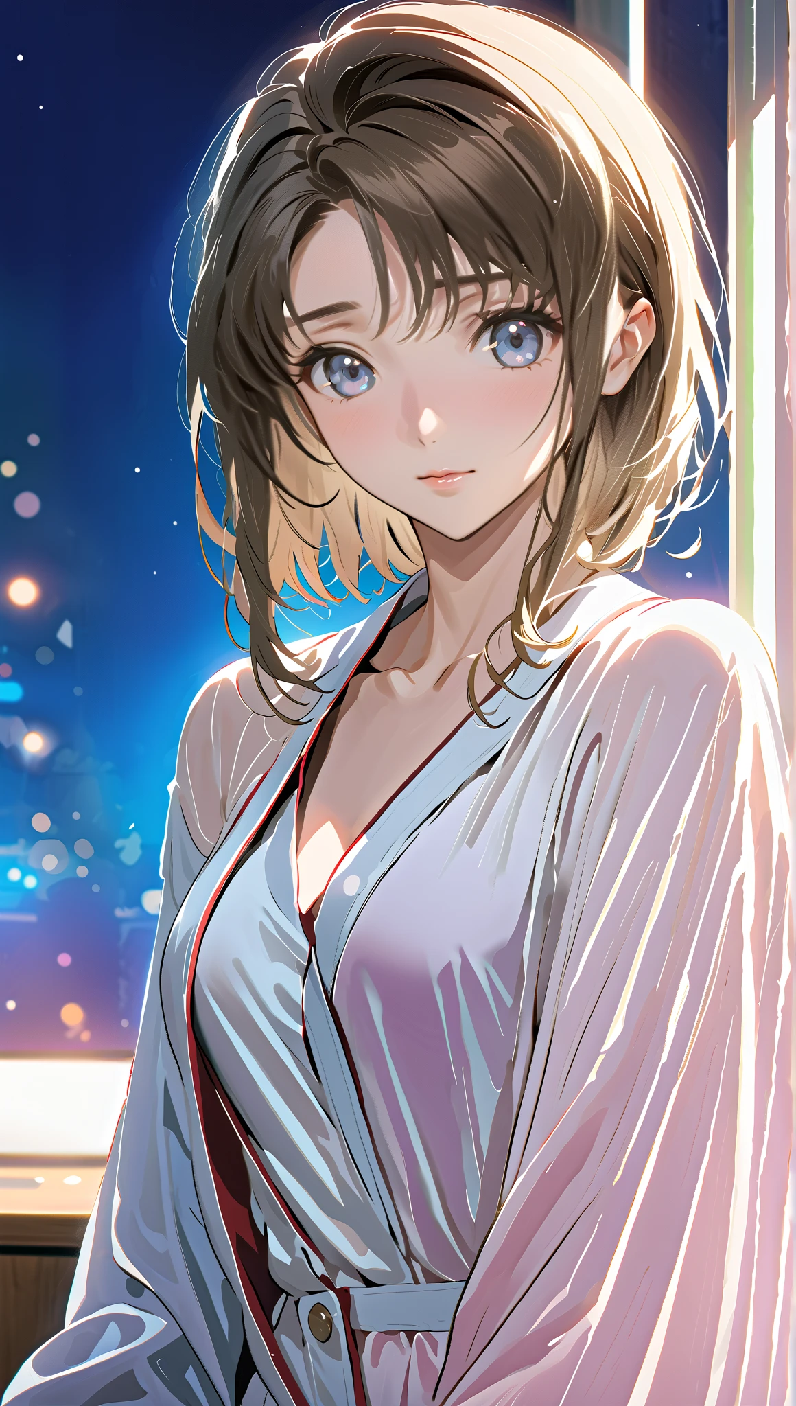 A wide-angle view of a rustic bus stop in the Japanese countryside under a starry night sky with cumulus clouds partially obscuring the stars. A woman in her 30s sits on the wooden bench, waiting for a bus, with her back slightly turned, looking over her shoulder with a confident and slightly enigmatic expression. She is wearing a white patterned bikini with delicate details such as a necklace, earrings, and bracelet. Her blonde hair, styled in a short bob, is slightly tousled by the wind. The lighting is soft, with a mix of backlight and natural light that highlights her realistic, sun-kissed skin and toned physique. The background is a serene rural scene, with the vastness of the starry sky adding a fantastical and calm atmosphere. The focus is on her pose and detailed features, reminiscent of a classical painting with a Ghibli-style color palette and an emphasis on realism and charm. Masterpiece, Highest quality, Anime Style.