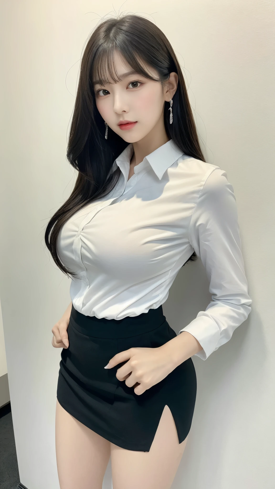 ((masterpiece, highest quality)), (1 girl), (alone), (female focus), (Ahoge, gray hair, very long hair), golden eyes, clear smile, open your mouth, ((white shirt), (shirt with buttons), (gap button)), ((black skirt), (short skirt)), Are standing, white background, turn your arms behind your back, dynamic angle,((huge breasts,Unbutton your shirt to reveal your chest:1.3))