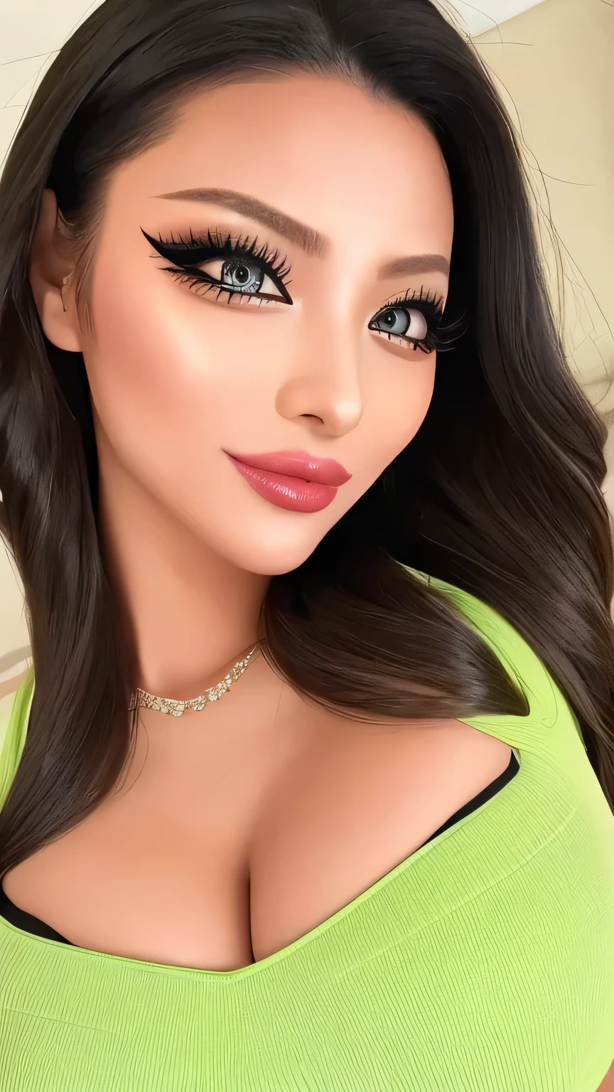 (( best quality ,  table top,   super high definition 、8k、16k、  most complex and detailed description  ))、( black hair long wave hair ), ( accurate anatomy :1.1)、 Sexy Horny Eyes 、Disgusting Sexy Smiles 、 Sexy Gals with Adult Sex Appeal、Kinky Gals、Perfect gal makeup、 long false lashes、long eyelashes、erotic sexy lips 、 Sexy Lipstick、 sexy duck mouth lips、horny duck mouth lips 、Adult sexy gal makeup 、highly saturated eyeshadow、( wearing a sexy oversized knit with large open chest)、(Voluptuous big breasts:1.1)、 Look at me upwards and smile  、A dim bedroom in a luxury love hotel with a night view、 sexy pose on the bed、Lie on your back on your bed 、 Harry Winston's luxury necklace 、　( face close-up:1.1)、(  super high definition 光沢, 1.1)、  super high definition の顔、  super high definition の髪、  super high definition  sparkling eyes、  super high definition  glossy lips、's beautiful face is drawn in every detail、  super high definition  perfect beautiful teeth、( very bright and vivid :1.1) ,   model body type 、  full body shot 