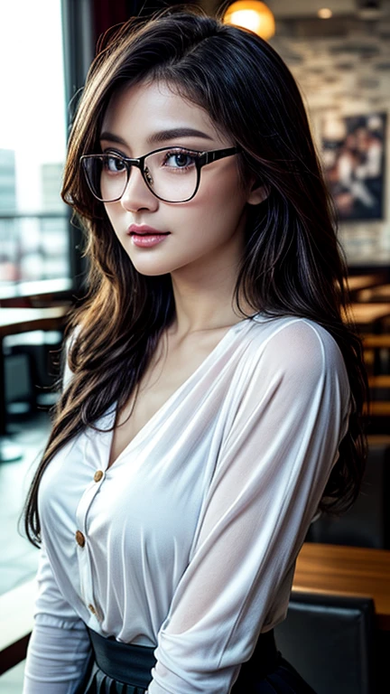 1girl in, (8K, raw photo, highest resolution, master piece: 1.2), (real, photoreal: 1.37), ultra-definition, ultra-high resolution, (1 girl: 1.8), looks at the viewer, beautiful face in every detail, waist, (Slim waist) :1.3), ((White blouse)), Delicate and beautiful skin, skin texture, flowing hair, ((Hair tied up)), Midday park, ((Black square glasses) ), whole body, brown hair,
