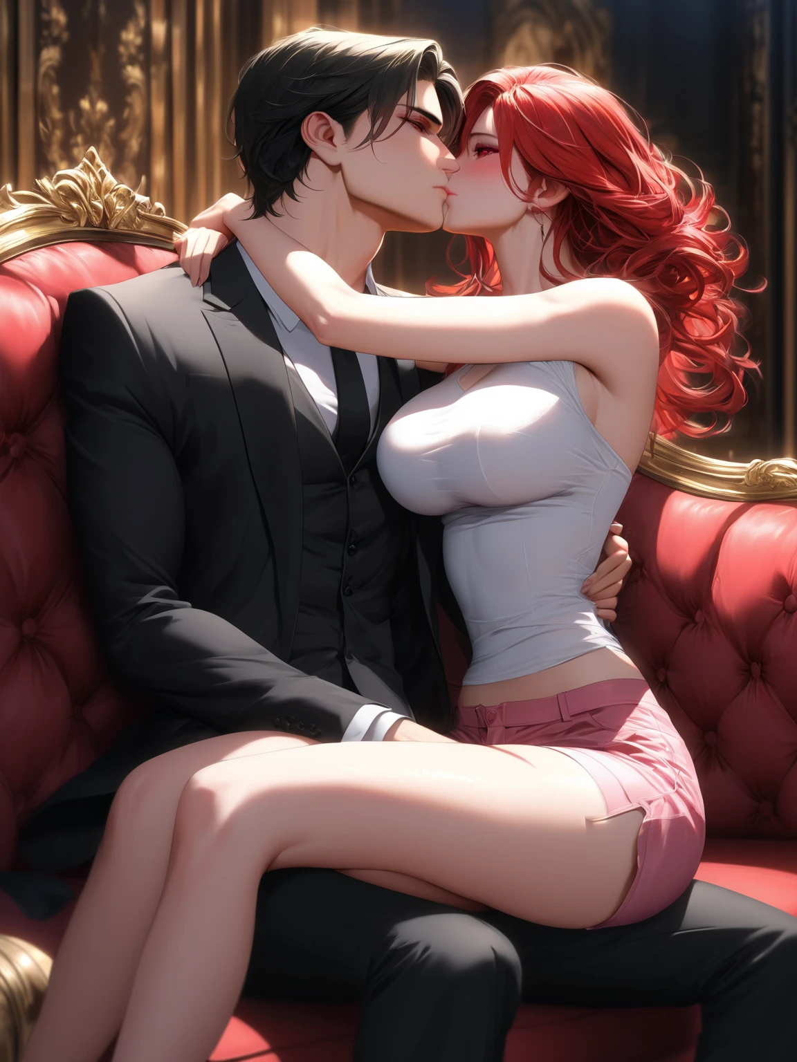 Young sexy girl wearing a red dress sitting on lap of young boy wearing a red and black flannel shirt and jeans who is sitting on a chair, kissing, making out, passionately, dim lighting, sexy, hot, lustful