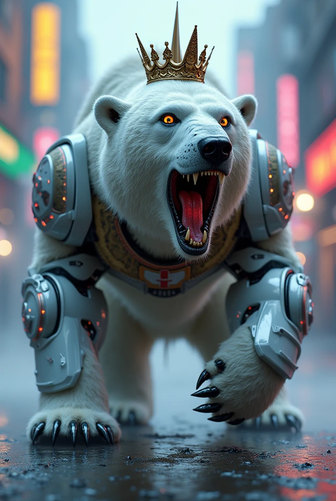  polar bear, chubby, belly, hyper realistic, male, muscular arms, thick thighs, long black hair up, black beard, silver futuristic armor, neon red lights, scene from an 80s sci-fi movie, 1980's super panavision 