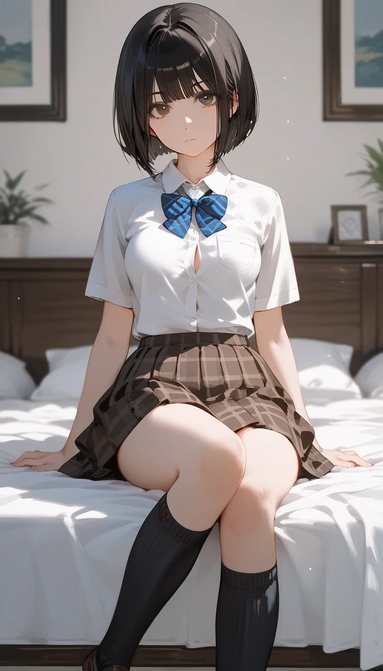 Browsing Caution, One girl, Lying in bed, Sleeping on your back, Black Hair, Bobcut, open white shirt, Plaid mini pleated skirt, (Dirty clothes: 1.0), (background: On the bed in the bedroom), Small breasts, Embarrassed face, upset,Embarrassing,Open your mouth,blush, Anguished expression, beautiful girl, Sweaty wet skin: 1.3,From above, whole body, sunset, high quality, High resolution, detailed, masterpiece、mini skirt、Open shirt、Showing her boobs、Beautiful Abs