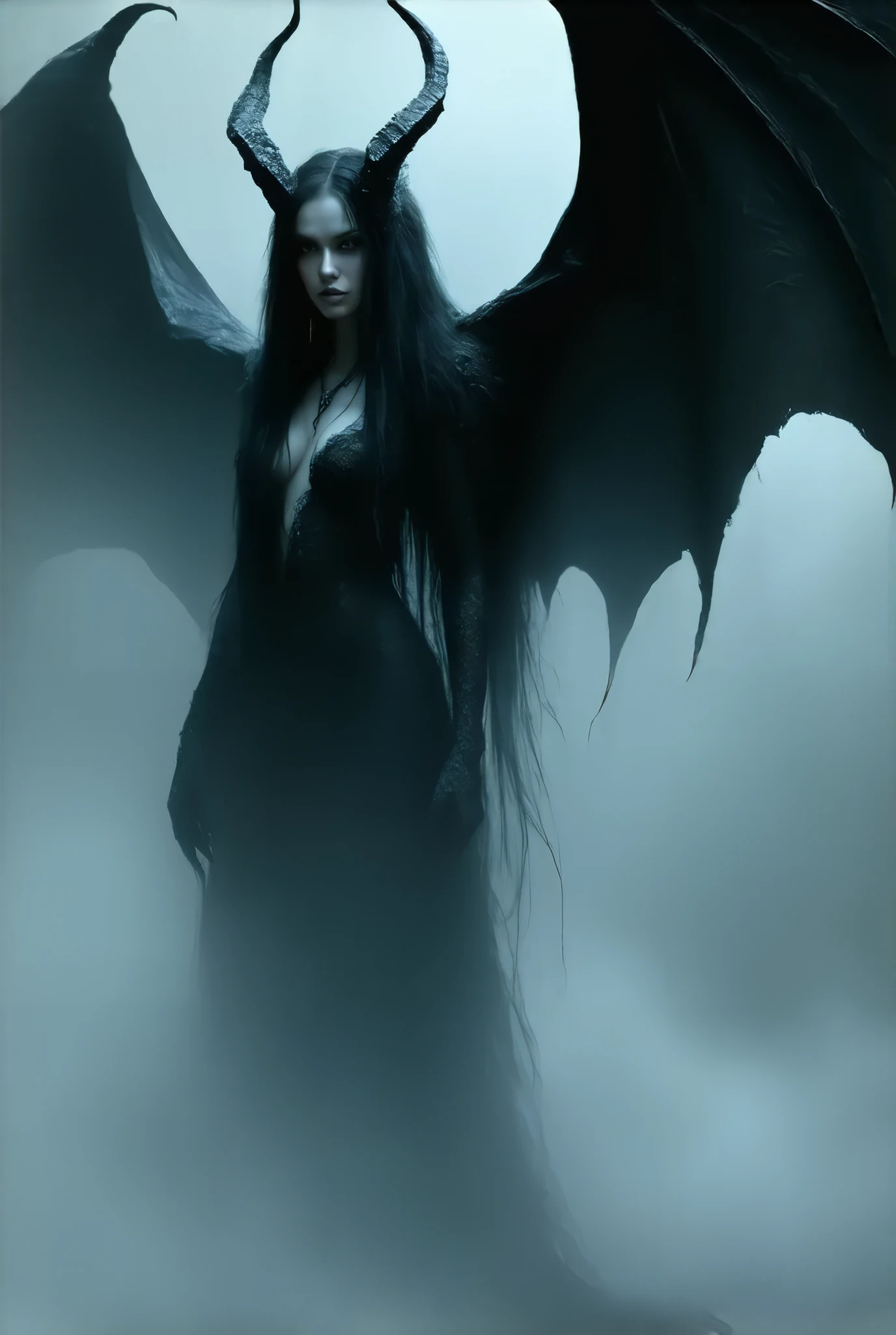 Ghostly Face. Shadow body with clothes that hide the body, like the character of Vivi from Final Fantasy IX, horned girl, devil horns, elf ears, cleavage, thigh, short skirt, sexy, wide demonic wings