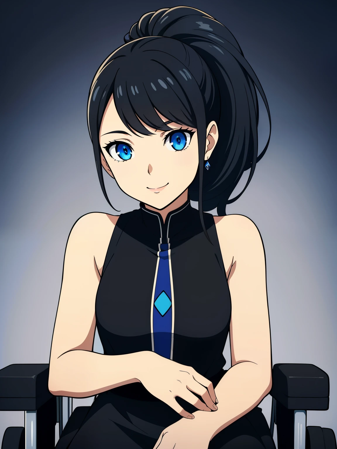 (high-quality, breathtaking),(expressive eyes, perfect face) 1girl, female, solo, black hair, blue eyes, cute smile, positive expresion, black background, portrait, symmetrical eyes, white dress, sleeveless, bare shoulders, bouffant dress, sitting, wheelchair, hands on lap, ponytail, bangs