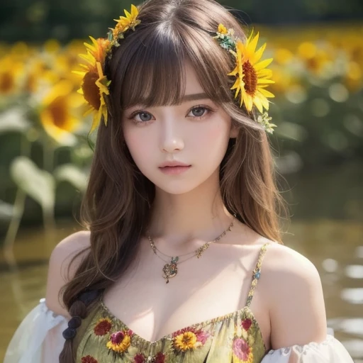 masterpiece, best quality, high quality, high quality, high quality 질감, high quality 섀도우, high detail, beautiful detailed, in detail, Highly detailed CG, detailed texture, a realistic representation of the face, realistic, fancy, feeble, sharp focus, (intricate details, assembly, pure face_V1:0.5), (detailed beautiful feeble face, (detailed beautiful feeble eyes), perfectly proportioned face, high detailed skin, detailed skin, Best Proportion Four Fingers and One Thumb, thin and thin:1.3), 1 woman, 17 years old, 키가 big, pretty, masterpiece, (long_thin_leg), (upright_leg), (thin_waist), (((fair skin))), White skin, (((pale skin))), (emma_Watson), big_chest, (((Caucasian))), brown hair, orange headband, orange short pleated skirt, ((baggy clothes, big clothes)), ((crop top)), standing leg apart, looking at viewer, whole body, Portrait of cute blonde girl, flower밭에 서서 (((looking far away))), flower, orange fog, work out, Tied hair, realism, high quality 렌더링, amazing art, high quality, film grain, Fujifilm XT3, dreamy,