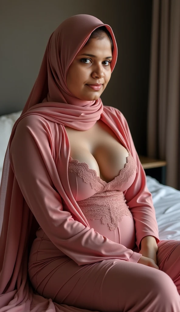 RAW, Best quality, high resolution, masterpiece: 1.3),  beautiful Malay woman in hijab :0.8), beautifull face, perfect fit body, big eyes, glossy lips,big breast, muslim woman sitting on a bed with a pink scarf, wearing pink floral gown, pastel pink, pink pastel, hijab,, morning sunrise, wearing pink floral chiton, silky garment, peach and goma style,, beautiful aesthetic 